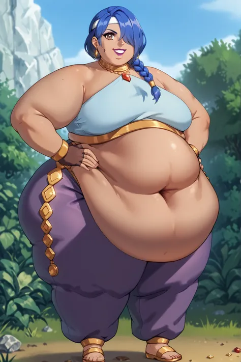 score_9, score_8_up, score_7_up, solo, BREAK, 1girl, full body,
braided ponytail, brown skin, gold accessories, brown eyes, earrings, bang, lipstick, purple caplet, hair over eye, white headband with jewel, purple harem pants, fingerless gloves, blue bikin...