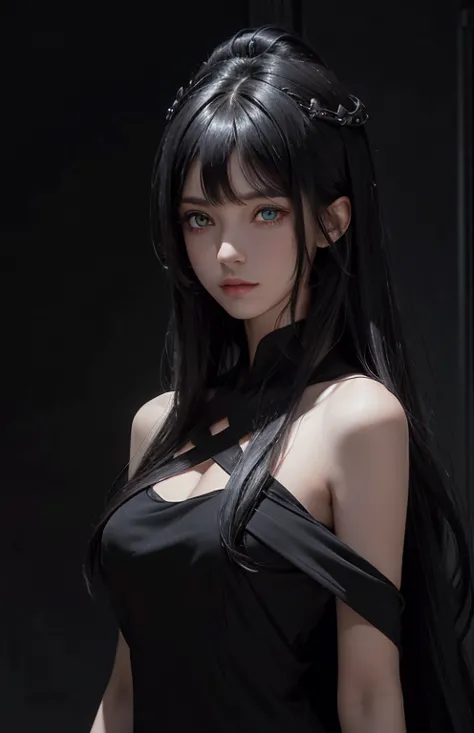(Ultra Realistic), (Illustration), (Increased Resolution), (8K), (Extremely Detailed), (Best Illustration), (Beautiful and Detailed Eyes), (Best Quality), (Ultra Detailed), (Masterpiece ), ( wallpaper), (detailed face), solo, 1 girl, 5,mature,looking at viewer, fine details, detailed face, in the dark, deep shadows, low key, pureerosfaceace_v1, smiling, long hair, black and white shawl straight hair , 46 points oblique bangs, masterpiece, best quality, 35mm, 8k, absurdres, beautiful girl, (upper body, dark grey background:1.4), (black classical dress, black hair:1.6), slender, dark studio, rim lighting, ultra realistic, highres, photography, film grain, chromatic aberration, depth of field, sharp focus, HDR, facelight, dynamic lighting, cinematic lighting, professional shadow, dark shadow, highest detailed, extreme detailed, ultra detailed, finely detail, real skin, delicate facial features, detailed face and eyes, sharp pupils, realistic pupils, long black hair with bangs, black hair top, white hair undercolor, Split Hair Two Tone , Split Hair Two Tone black and white color hair,black hair, white hair, mix hair color,green eyes, white hair  emerald eyes. white hair, platinum hair color.