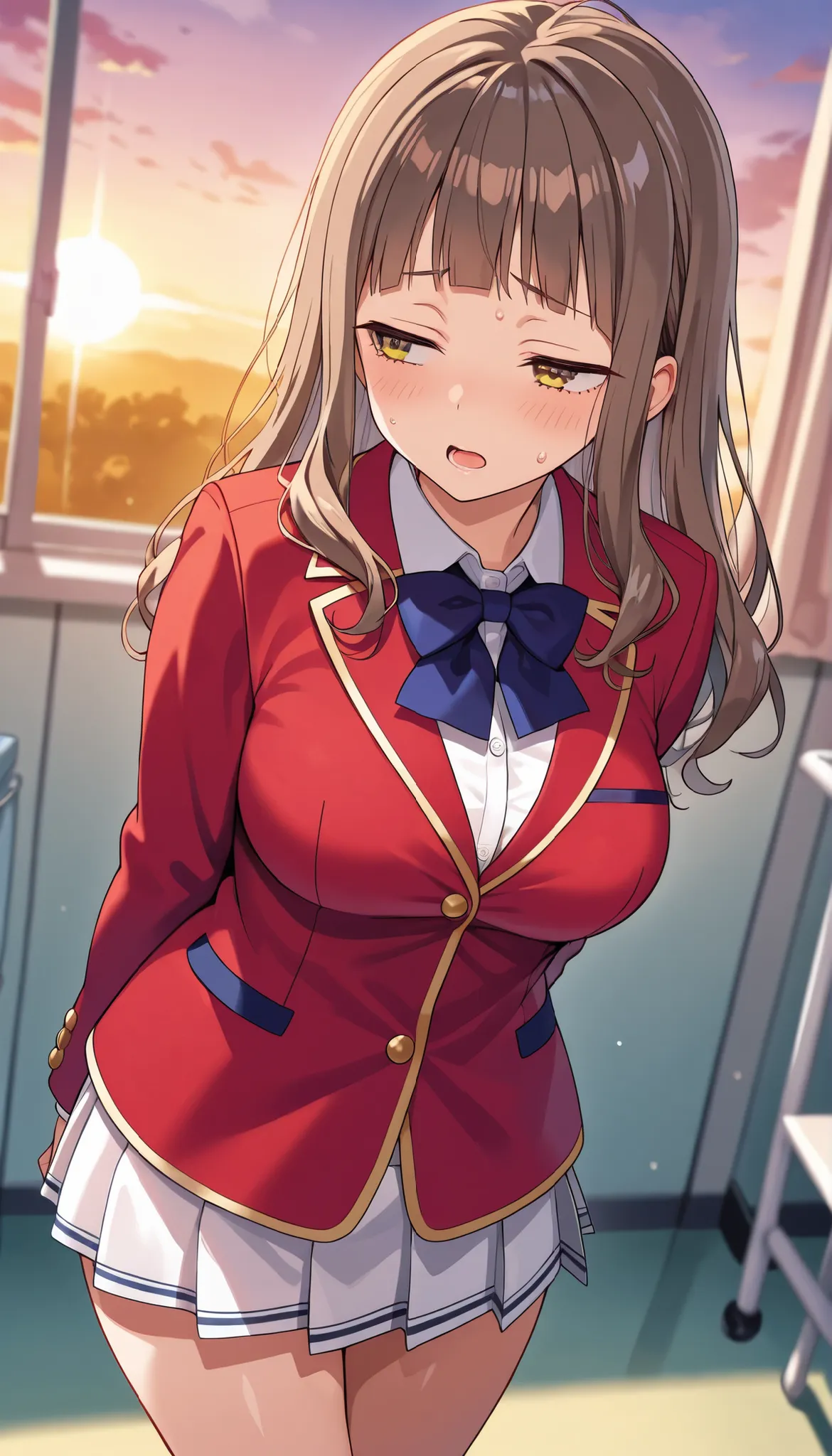 rika morofuji, brown hair, long hair, yellow eyes, red ribbon, red jacket school uniform, white shirt, red jacket, collared shirt, bowtie, white skirt, thigh,from front, standing ,1girl, solo, cowboy shot, sunset ,school medical room, masterpiece, best qu...