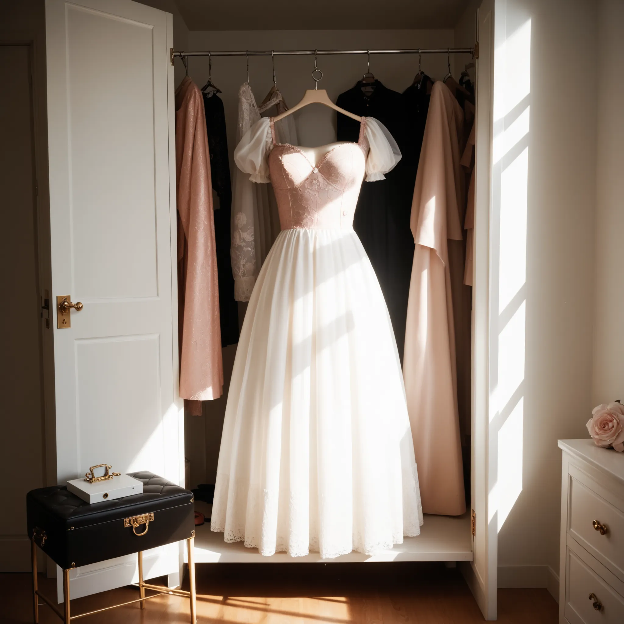 a beautiful short bulletproof dress on a mannequin, couture mannequin, walk in closet, spy gear, soft lighting