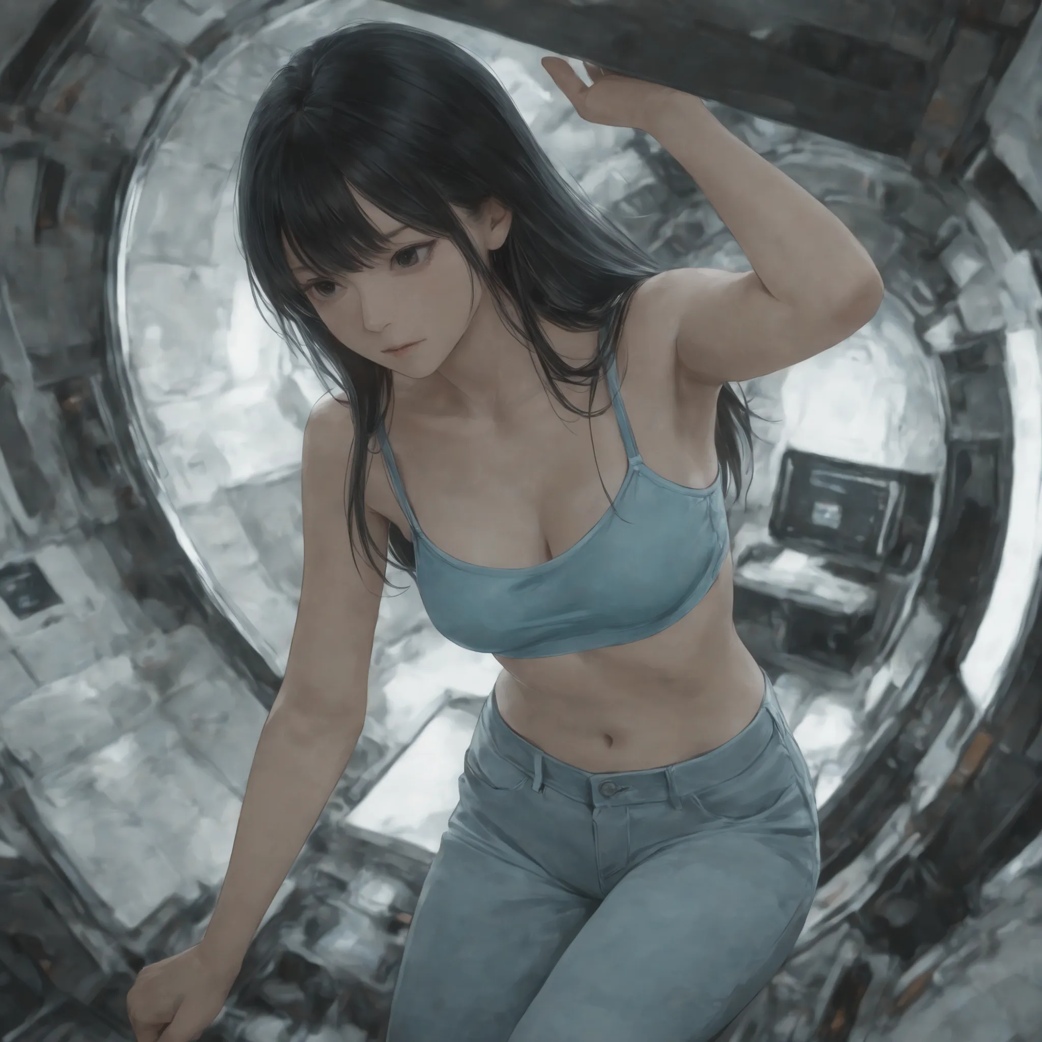 masterpiece, best quality, Ultra HD, semi-realistic, Realistic Hair, soft detail, Realistic eyes, girl, Inside the spaceship, zero gravity , Bra top, cotton pants,