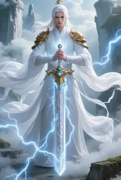 , and the character wears a white robe，with gold shoulder and arm armor，The overall shape is elegant and elegant ，to highlight the fairy tale world The extraordinary temperament of a master。The sword has long white hair that moves with the wind，, adding a ...