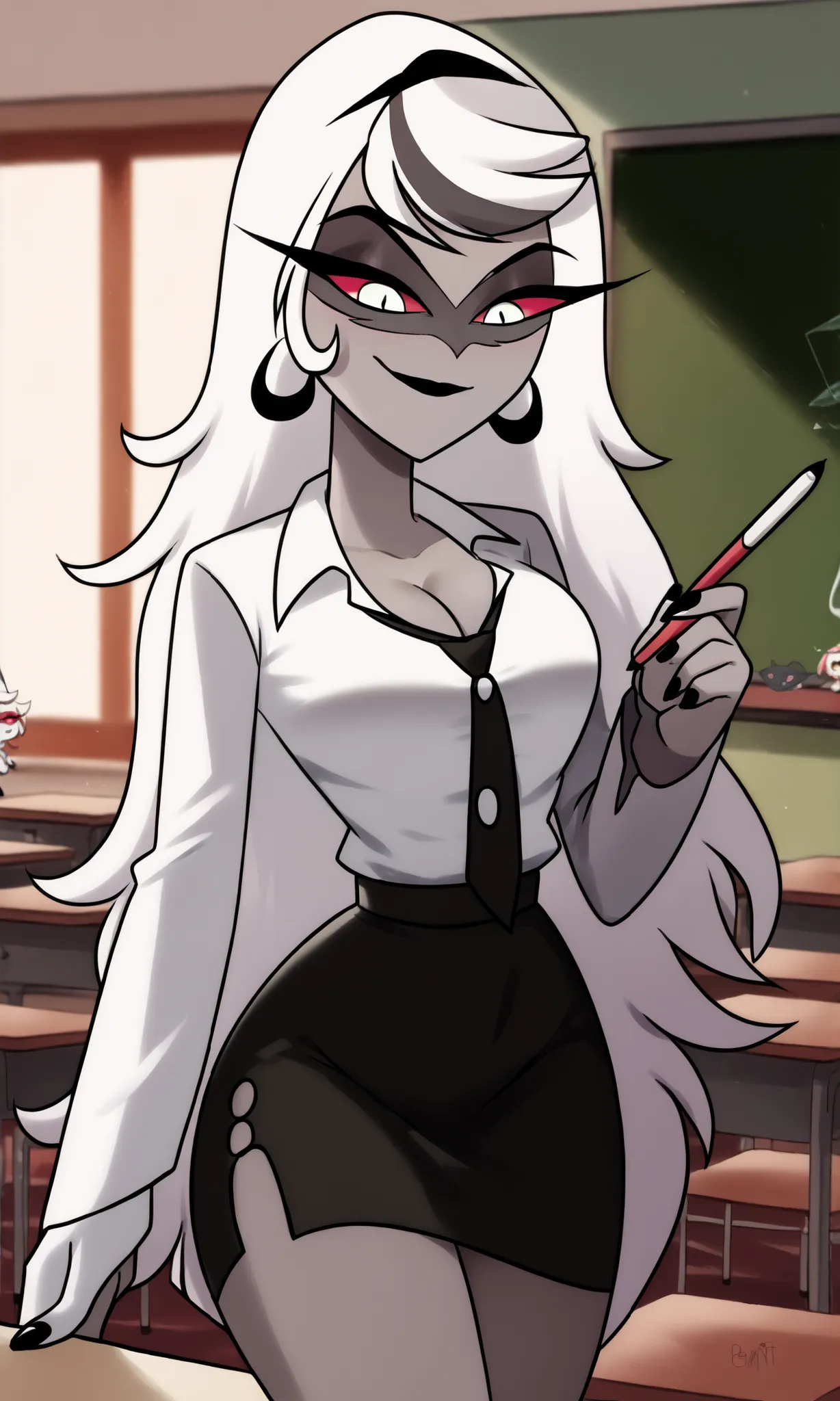 ((masterpiece, detailed image, soft skin, style_2d_chibi)), , carmilla carmine(hazbin_hotel), , looking down, long hair, bangs, 1 girl, alone, skirt, tie, breasts, shirt, big_breasts, cleavage, looking_at_viewer, white_shirt, wide hips, thick thighs, sexy ...