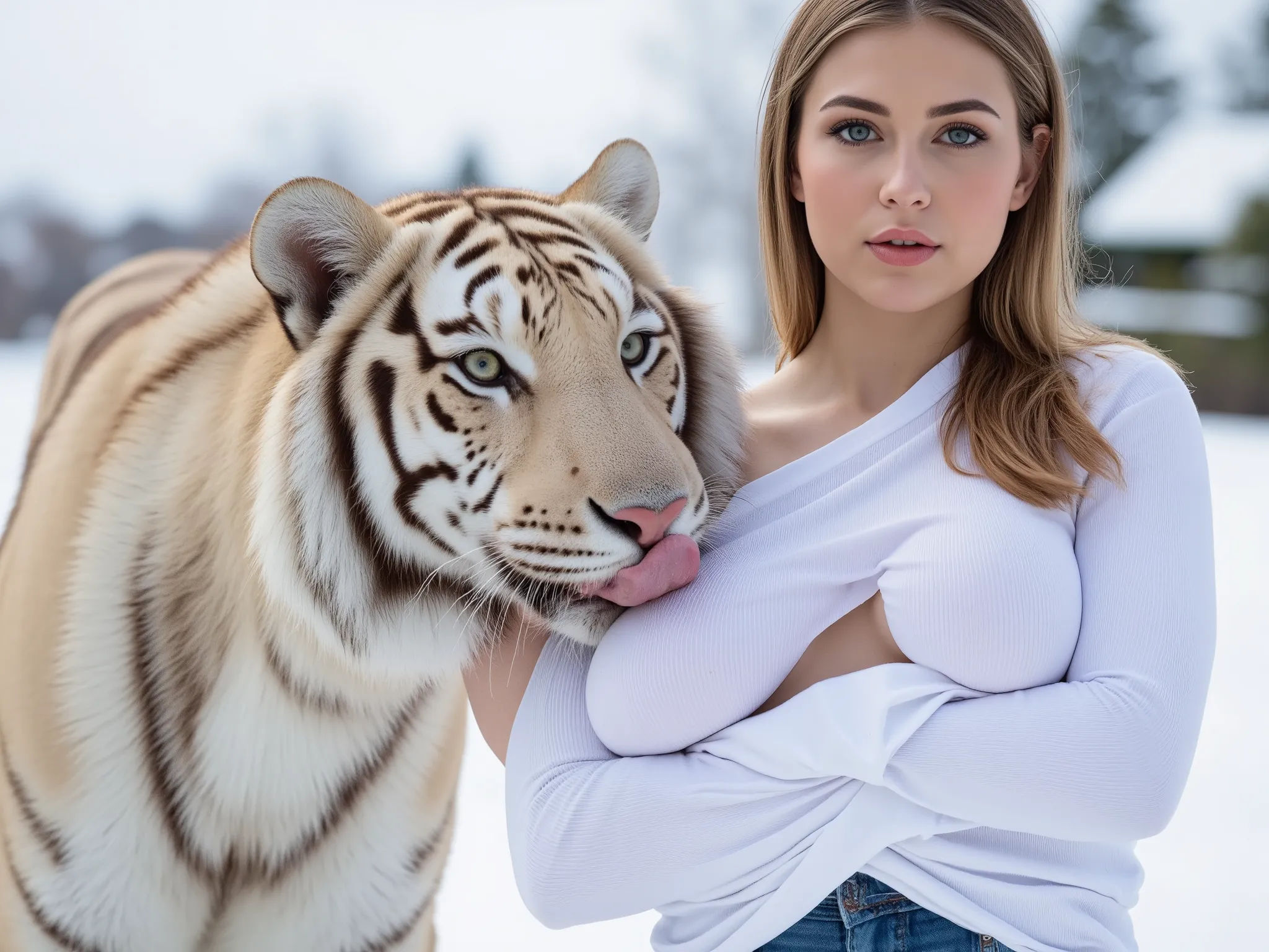 Beautiful woman with big breasts wearing white woolen tshirt, uplifting tshirt to reveal breasts, she has beautiful face, detailed beautiful green eyes, lovely lips, bright white skin, standing on Snow landscape, potrait, sexy girl, sexy hot body, realisti...