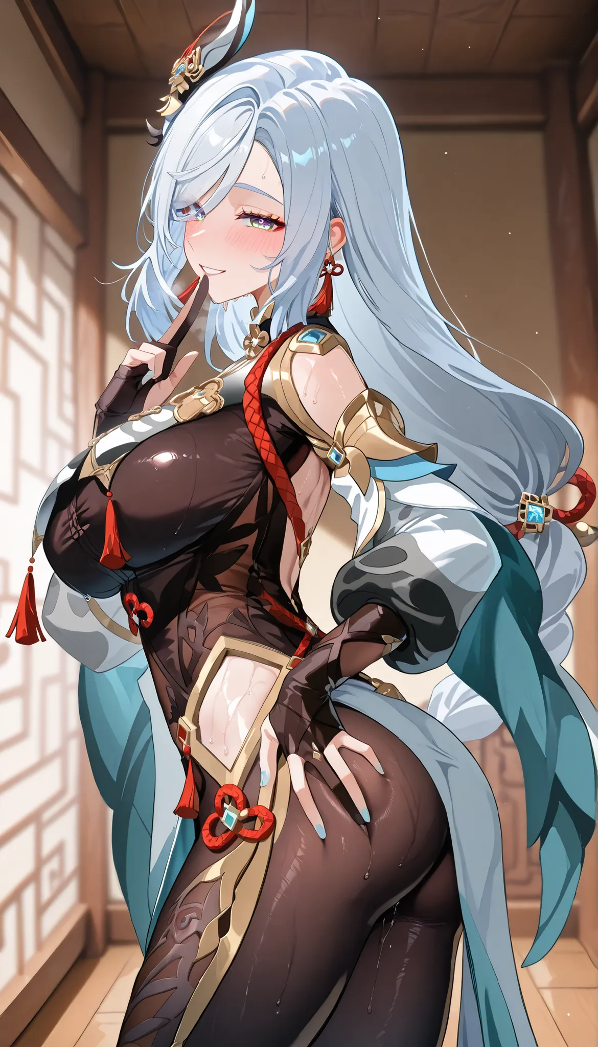 score_9,score_8_up,score_7_up,1girl, solo,blue eyes, white hair, braided ponytail, large_breasts, vision_\(genshin_impact\), tassel earrings, absurdres, highres, (Black_Tights),breast curtain, chinese knot, clothing cutout, puffy long sleeves,White hem,par...