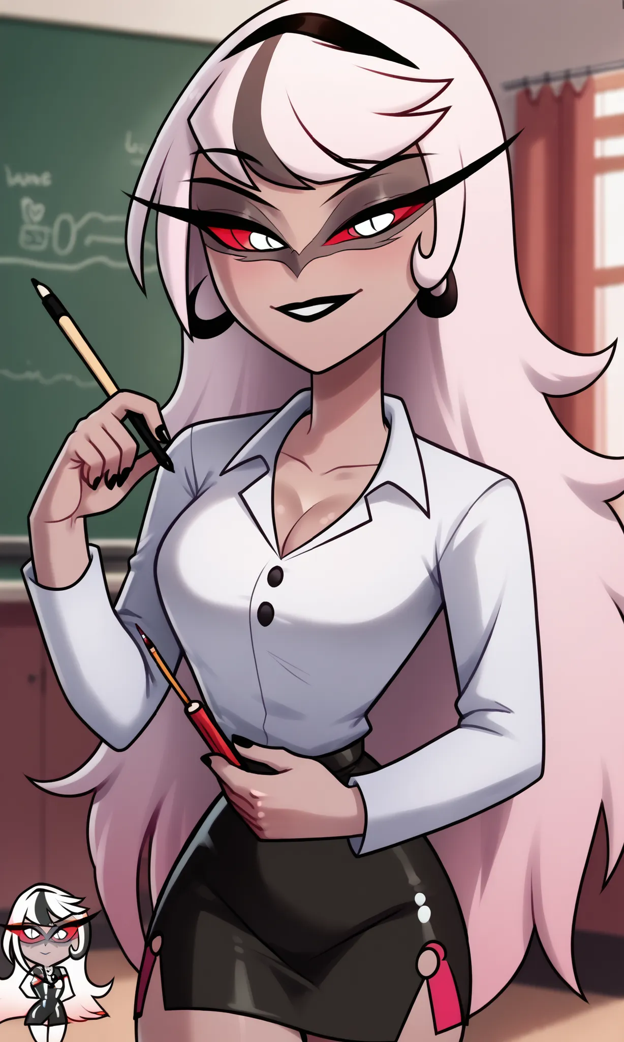 ((masterpiece, detailed image, soft skin, style_2d_chibi)), , carmilla carmine(hazbin_hotel), , looking down, long hair, bangs, 1 girl, alone, skirt, tie, breasts, shirt, big_breasts, cleavage, looking_at_viewer, white_shirt, wide hips, thick thighs, sexy ...