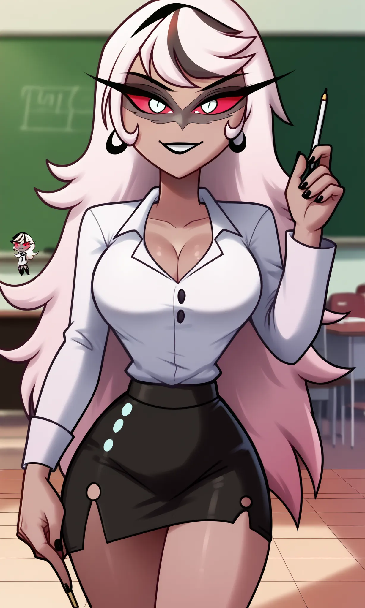 ((masterpiece, detailed image, soft skin, style_2d_chibi)), , carmilla carmine(hazbin_hotel), , looking down, long hair, bangs, 1 girl, alone, skirt, tie, breasts, shirt, big_breasts, cleavage, looking_at_viewer, white_shirt, wide hips, thick thighs, sexy ...
