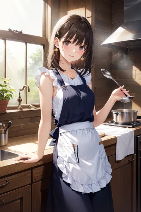 A cute woman with  wearing a simple apron stands in a cozy kitchen, holding a ladle.((The ladle has a small jewel embedded in the handle and emits a soft, magical glow. Sunlight softly shines through the window, casting gentle rays onto the ladle, giving it a divine aura)) .
