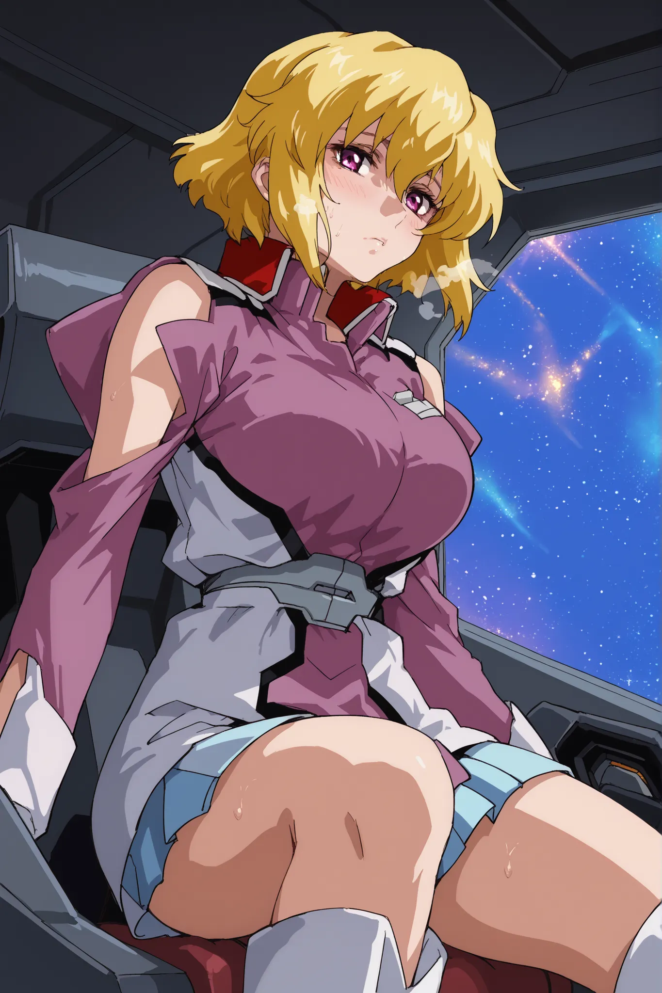score_9,score_8_up,score_7_up,score_6_up,score_5_up,score_4_up,anime coloring,source_anime,anime screencap,stella,1girl,solo,purple eyes,blonde hair,short hair, pink jacket,shoulder cutout,blue one-piece,thigh boots,portrait,looking at viewer,looking at vi...