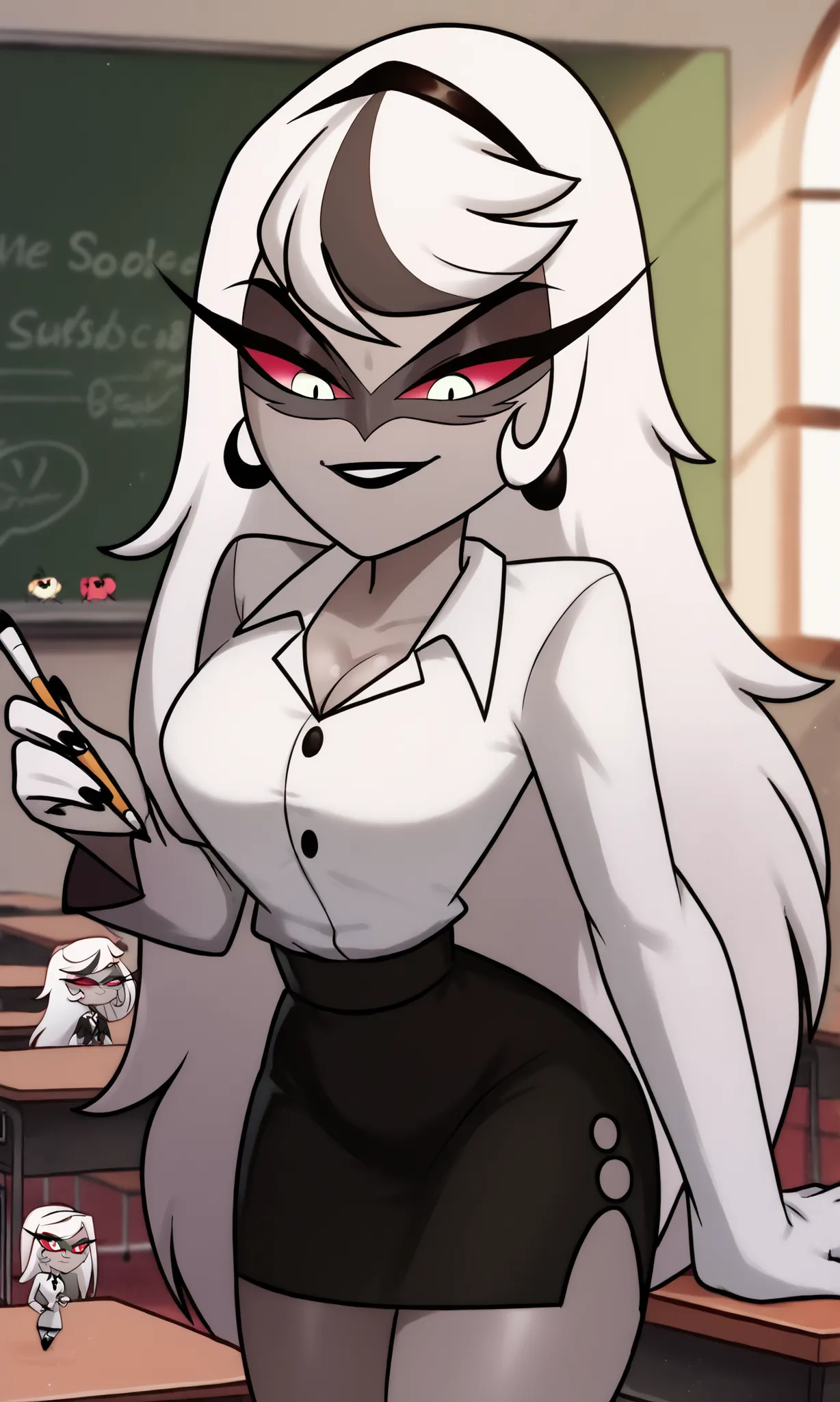 ((masterpiece, detailed image, soft skin, style_2d_chibi)), , carmilla carmine(hazbin_hotel), , looking down, long hair, bangs, 1 girl, alone, skirt, tie, breasts, shirt, big_breasts, cleavage, looking_at_viewer, white_shirt, wide hips, thick thighs, sexy ...