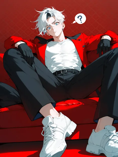 Male,in blue eyes,white hair,High fade hair,handsome,Red suit, black pants ,slim,good figure,Sit on the red sofa,Confused,red patterned background,White Shoes,Bottom View, black undershirt,0,with black gloves,
