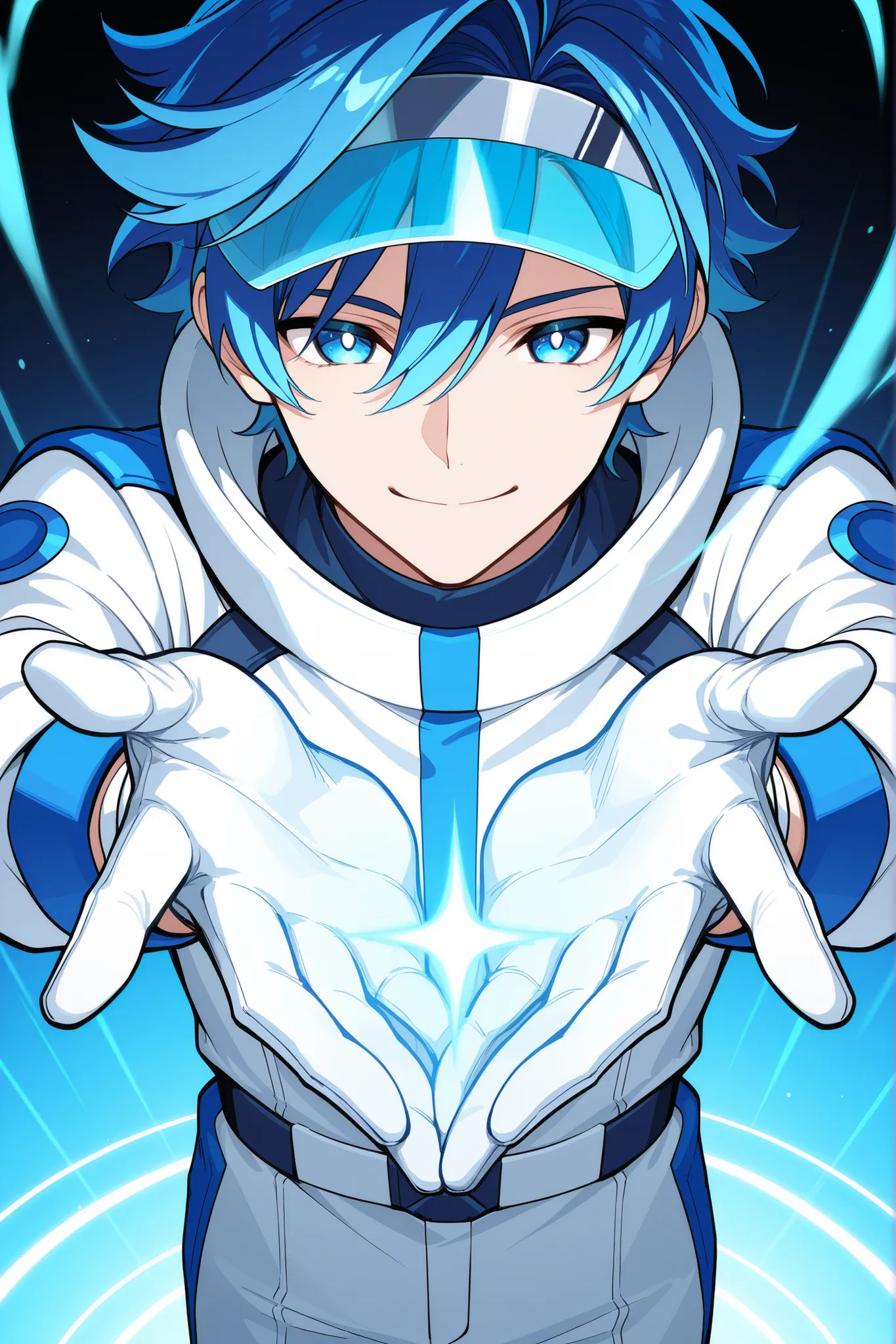 Male ager, with a slim but athletic body, wearing a white jumpsuit with blue lines, short neon blue hair, a blue visor, projected force fields from her hands, bright eyes confident smile, white gloves with blue palms