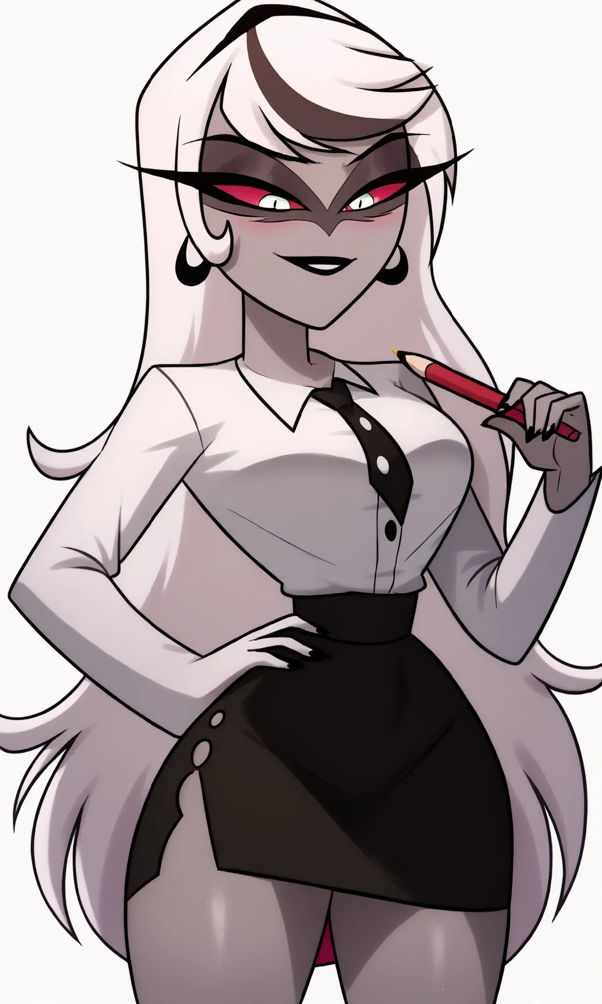 ((masterpiece, detailed image, soft skin, style_2d_chibi)), , carmilla carmine(hazbin_hotel), , looking down, long hair, bangs, 1 girl, alone, skirt, tie, breasts, shirt, big breasts, cleavage, looking at viewer, white shirt, wide hips, thick thighs, sexy ...