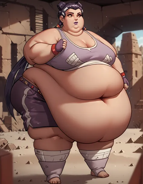 masterpiece, best quality, 1girl, solo, absurdres,
large breasts, twin tails, long hair, brown eyes, dark-skinned female, purple lips,
fingerless gloves, bandages, naked bandage, toeless legwear, bracelet, short shorts, tank top,
desert, ruins, pyramid...