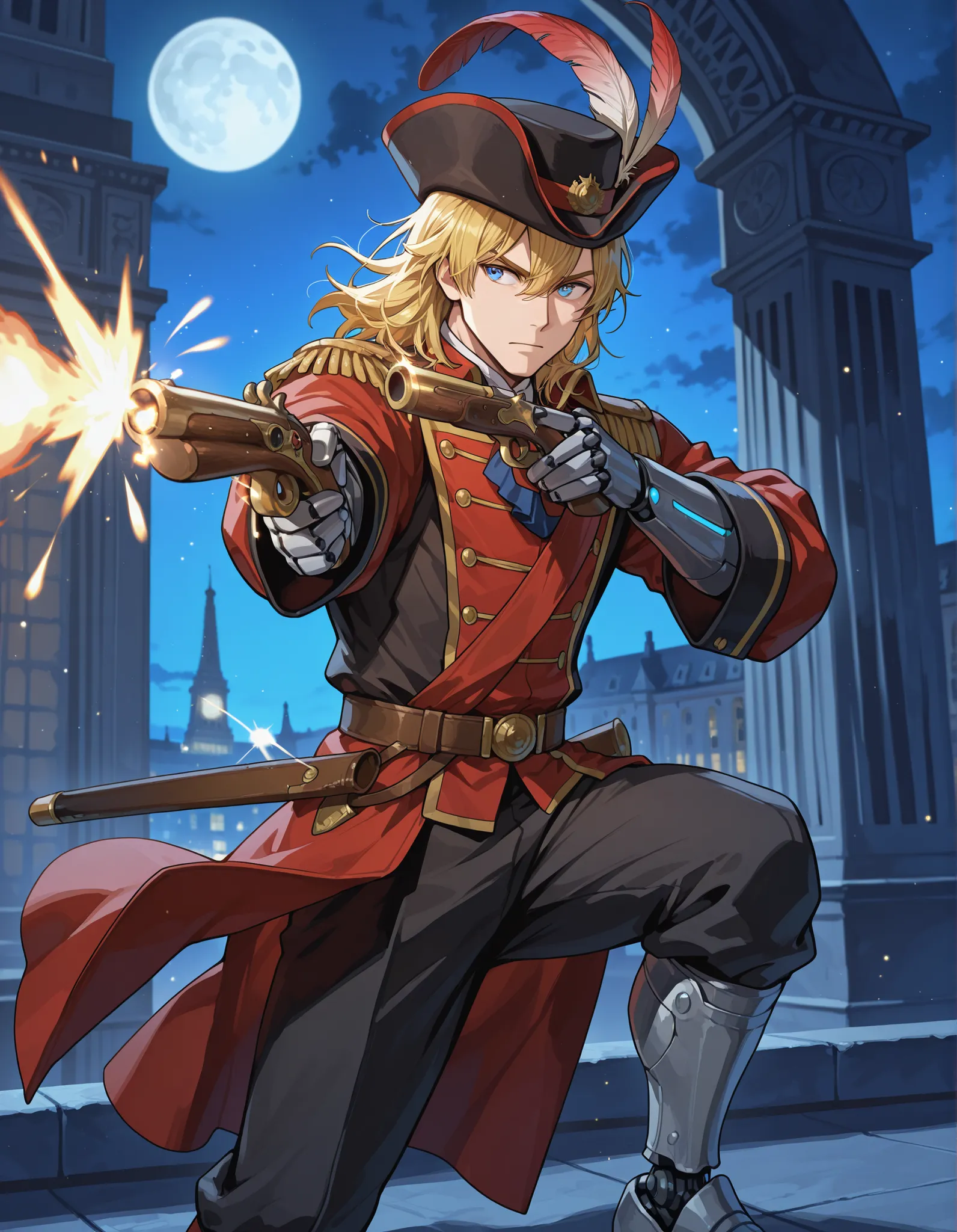 1man, solo, solo focus, male focus, dynamic action pose, handsome french male, musketeer, gentleman, (cybernetic limbs:1.2), (lora:perfect hands:1), (holding and aiming a flintlock pistol with one hand:1, muzzle flash), blonde hair, medium hair, hair down,...