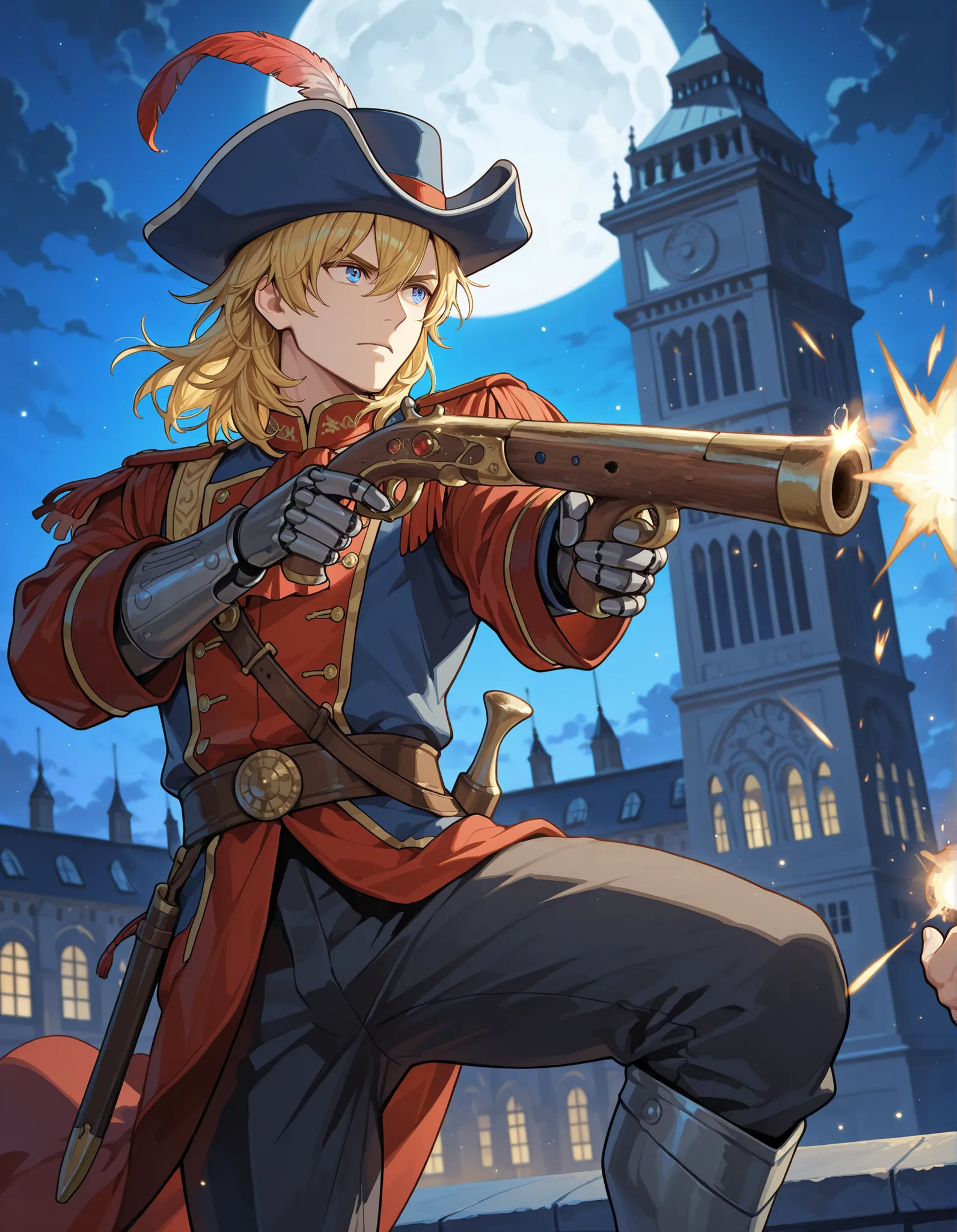 1man, solo, solo focus, male focus, dynamic action pose, handsome french male, musketeer, gentleman, (cybernetic limbs:1.2), (lora:perfect hands:1), (holding and aiming a flintlock pistol with one hand:1, muzzle flash), blonde hair, medium hair, hair down,...