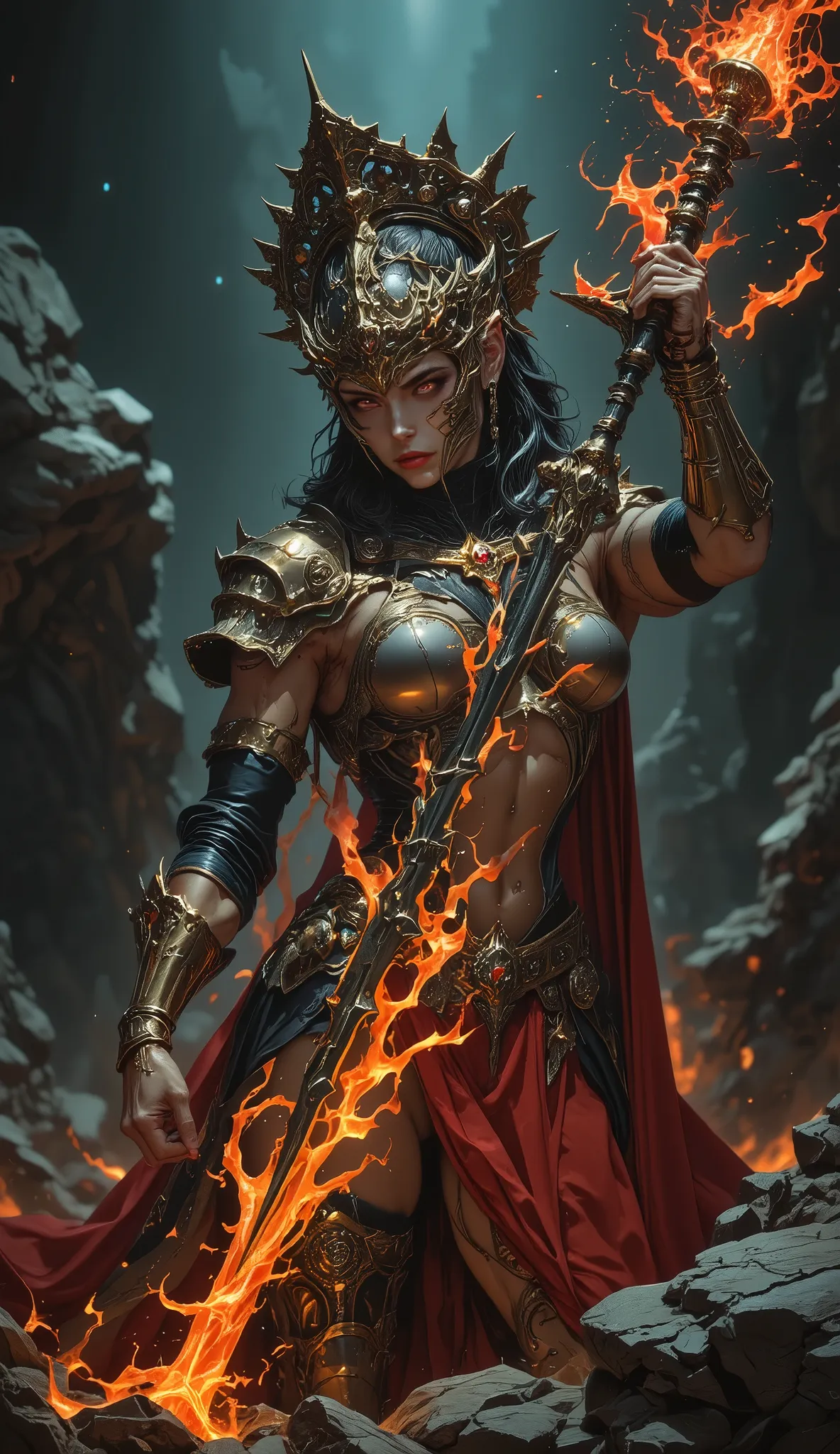Digital art, (hyperdetailed), (Super detailed), UHD, 8k, full body shot.
Female goddess of war, spartan warrior look alike, dynamic fighting pose.
Harness armor, forearm and shin guards (golden). Open skin, muscular.
Crown-helmet, red eyes, evil eyes. Red ...