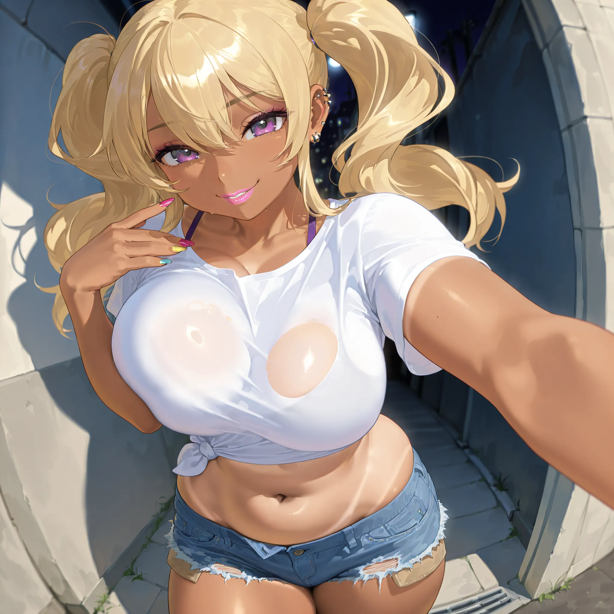 fisheye, tanned, busty, slender gyaru, blonde with two wavy pigtails, she has protruding breasts and an exposed navel, she has long painted nails, she is wearing a white short T-shirt, she is wearing very short ripped denim shorts, she has earrings and pie...