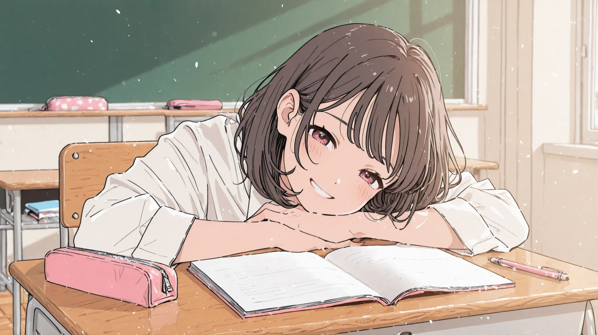 1 girl、School Classroom、Interval、notebook and pencil case on desk、is smiling