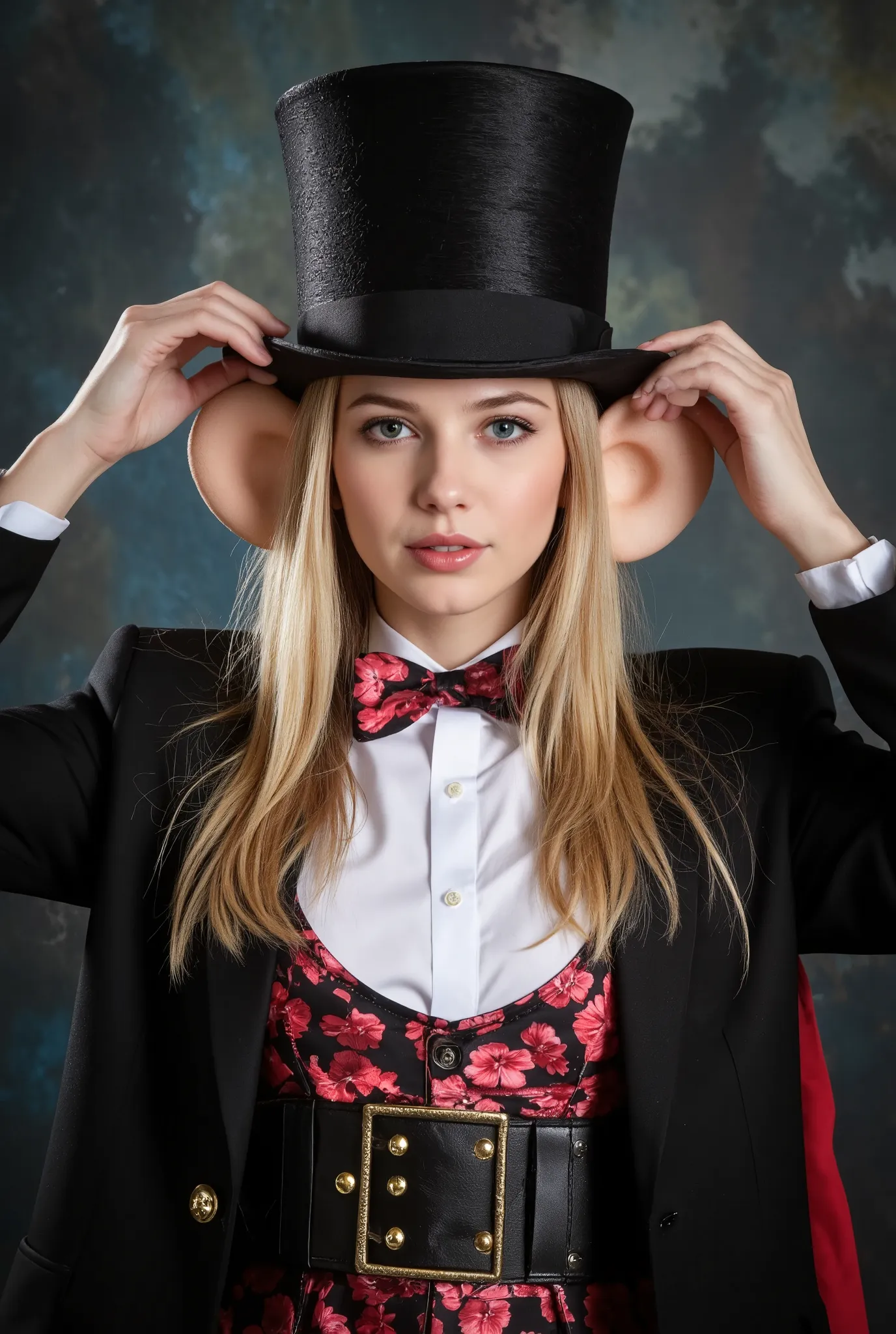Create a realistic photograph of a beautiful 20-year-old girl with fair skin and long straight blonde hair. She should be wearing a magician's outfit and performing a magic trick where she uses a very large sponge ear to cover her real ear, making it appea...