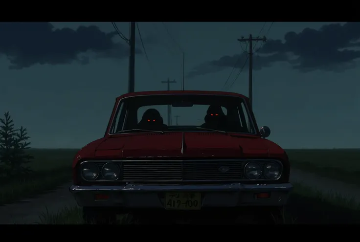 anime style, A lonely country road at night under a dark, cloudy sky, an old red car parked alone by the roadside, faint fog around, inside the car a shadowy figure with vague red eyes sitting in the driver's seat looking directly outside, eerie atmosphere...