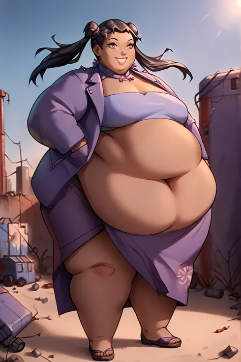 masterpiece, best quality, high resolution, large breast, twin tails, black hair, long hair, brown eyes, dark skin, Chinese, purple sarong, purple tube top, purple jacket, full body, smiling, cowboy shot, outdoors, wasteland
