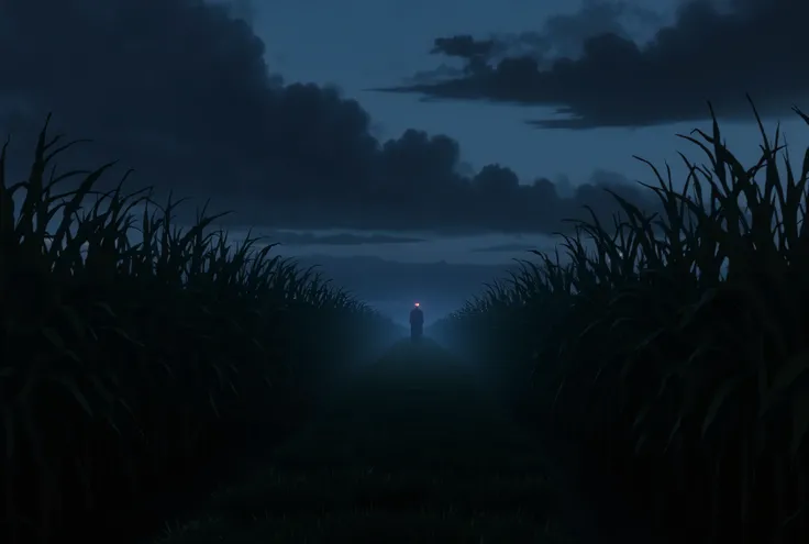 anime style, A mysterious sugarcane field at dusk under a dark cloudy sky, tall stalks swaying silently in the wind, faint fog covering the ground, deep shadows between the rows of cane, a dim glowing light coming from within the field, eerie and unsettlin...