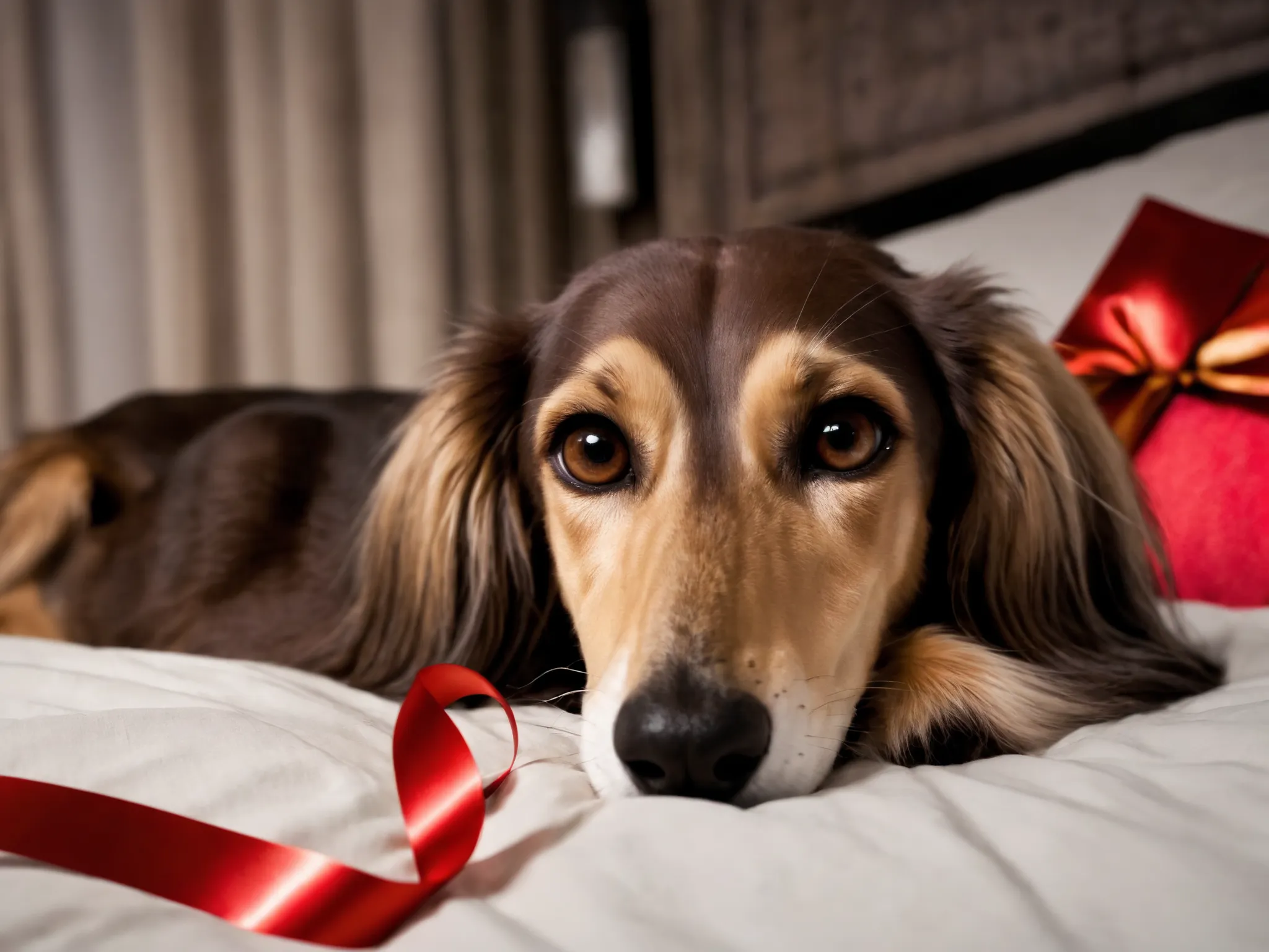 a seductive mischievous brown and tan saluki dog laying on a bed wearing a red ribbon looking down at the camera, beautiful eyes, lustrous fur, night, three quarter shot, low angle