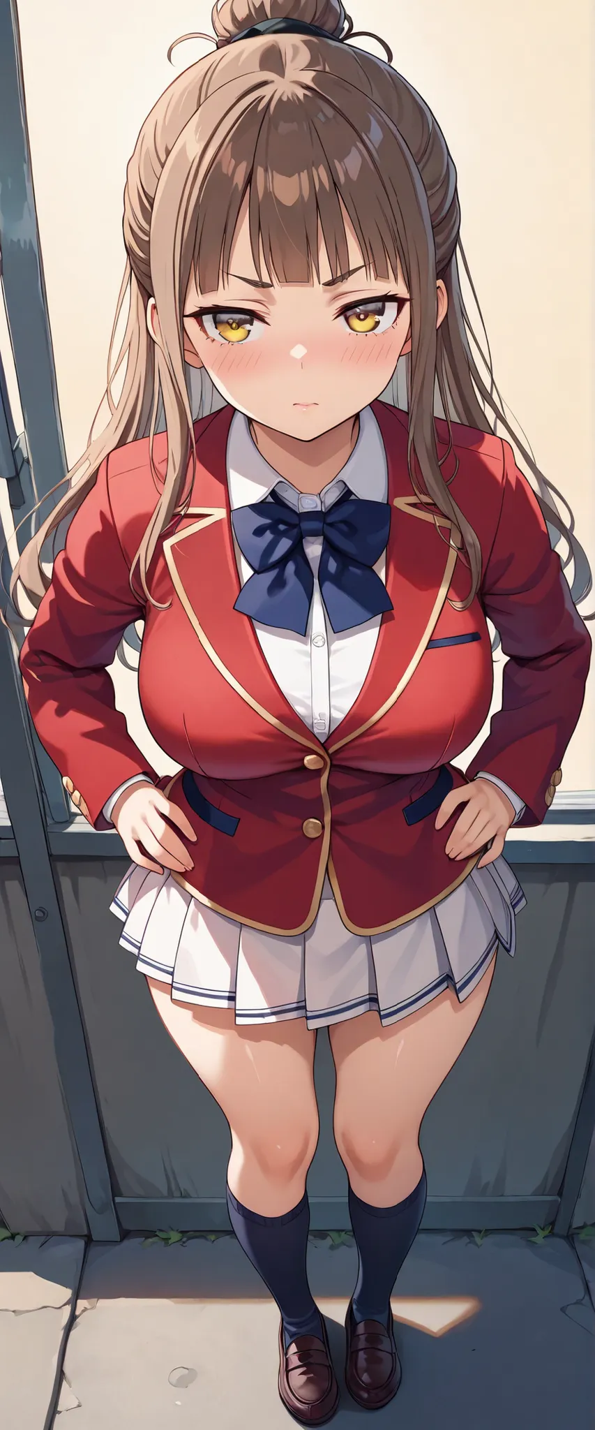 rika morofuji, brown hair, long hair, yellow eyes, girl, red ribbon, red jacket school uniform, white shirt, red jacket, collared shirt, bowtie, white skirt, thigh,from front, standing ,1girl, solo ,school outdoor, masterpiece, best quality, amazing qualit...