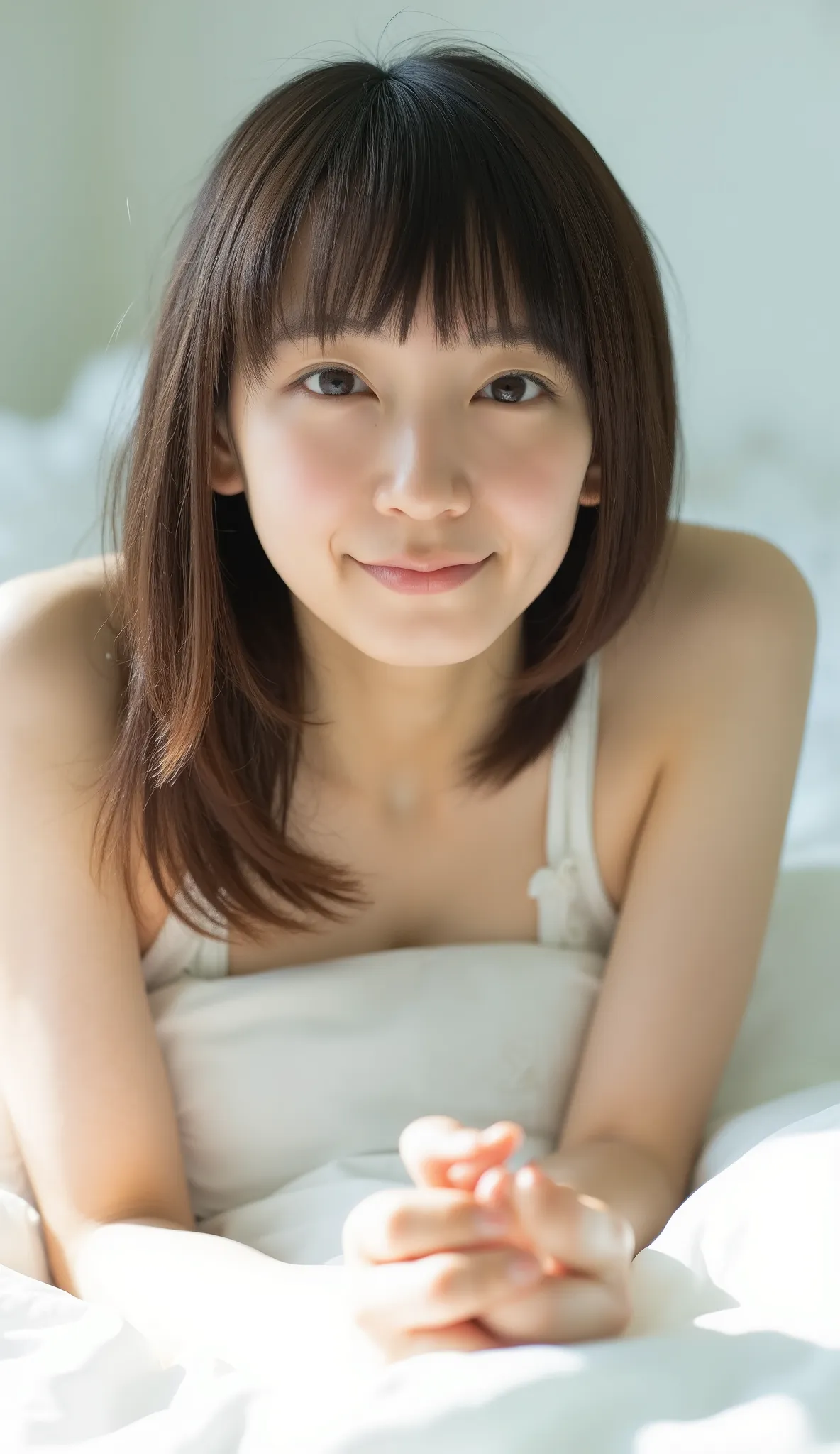 cute face like an idol, Japanese woman, Her Hair Is Long, straight brown bangs ., white skin, growing skin , Naked、wear only a thin white shirt., , girl lying in bed, Chest, feet , Top-Down Configuration, Bright and sunny bedroom