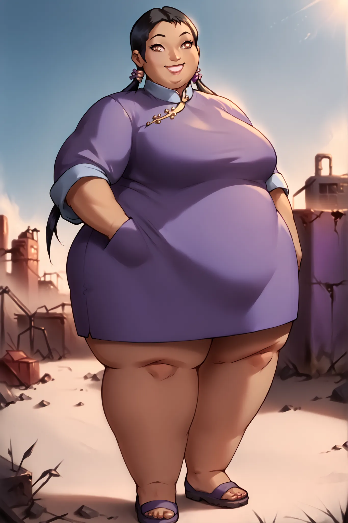 masterpiece, best quality, high resolution, large breast, twin tails, black hair, long hair, brown eyes, dark skin, haylin, purple cheongsam, purple jacket, full body, smiling, cowboy shot, outdoors, wasteland