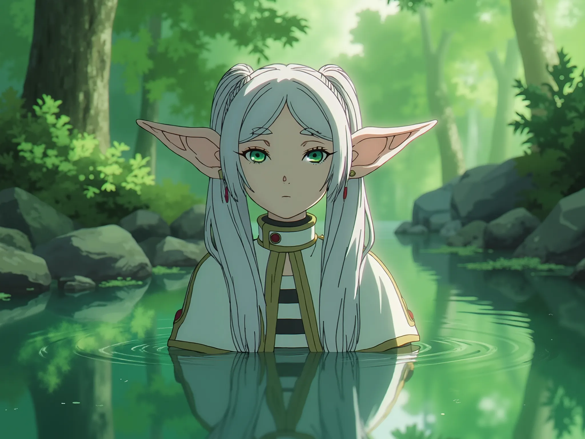  (beautiful detailed green eyes:1.6) , (detailed ears:1.6), long white hair, Frieren swin nude on in a lake in the woods (huge elf ears:1.9) (anime:1.6) (detailed woods:1.8), (reflex in the water:1.5)  (beaultiful skinny body:1.6) (masterpiece:1.6) (best q...