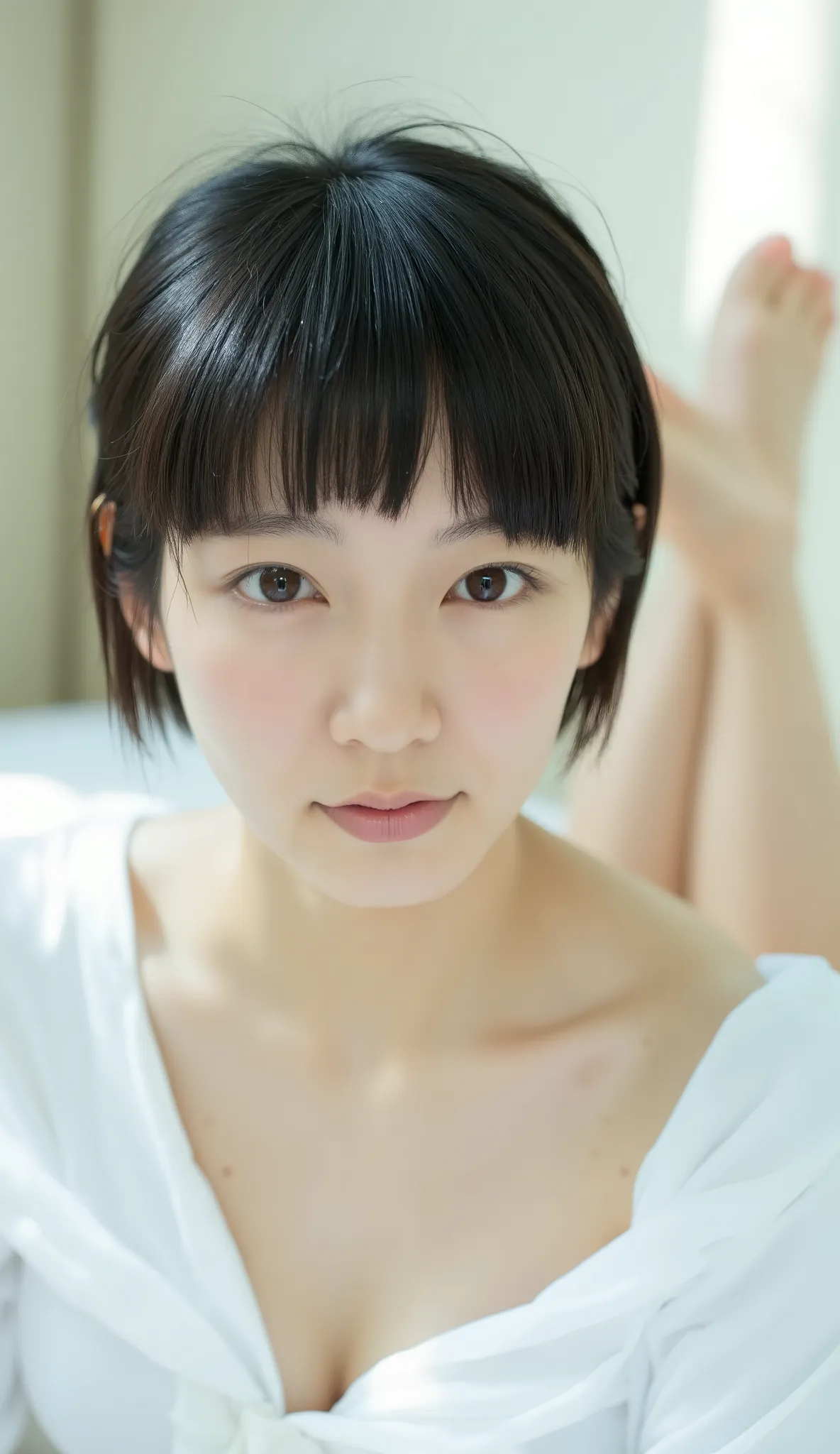 Censorship off 、((nsfw))、 cute face like an idol, Japanese woman, very short hair, Straight black bangs, white skin, growing skin , Naked、wear only a thin white shirt, girl lying in bed, Chest, feet , Top-Down Configuration, Bright and sunny bed...