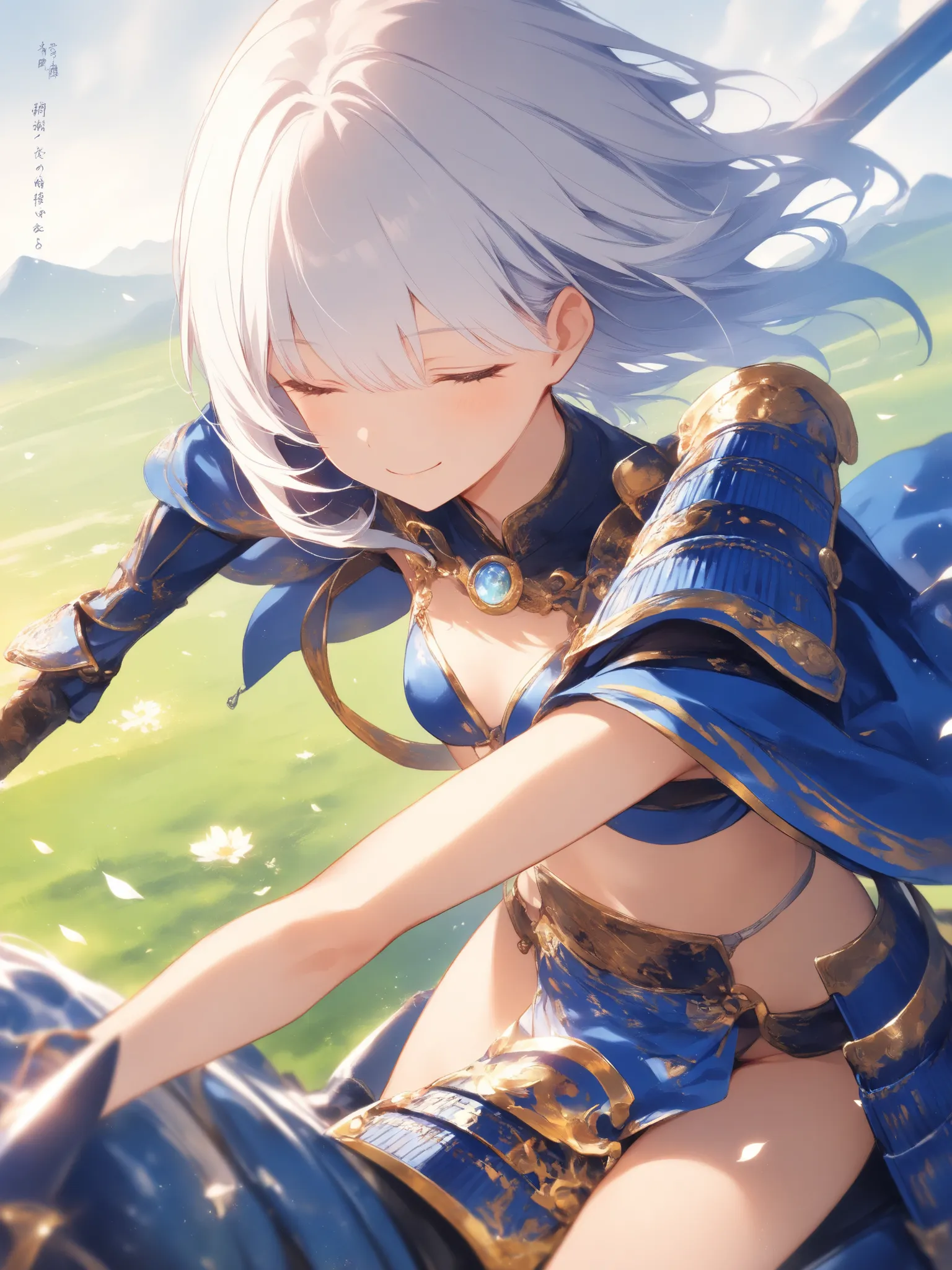 masterpiece, best quality, 1 girl, solo,  ((short silver hair:1.8)),very small Breasts ,sexy、 ((blue Japanese samurai armor:1.6))、 bikini armor 、 riding horse, Field, Mountain々, Secure staff, smile