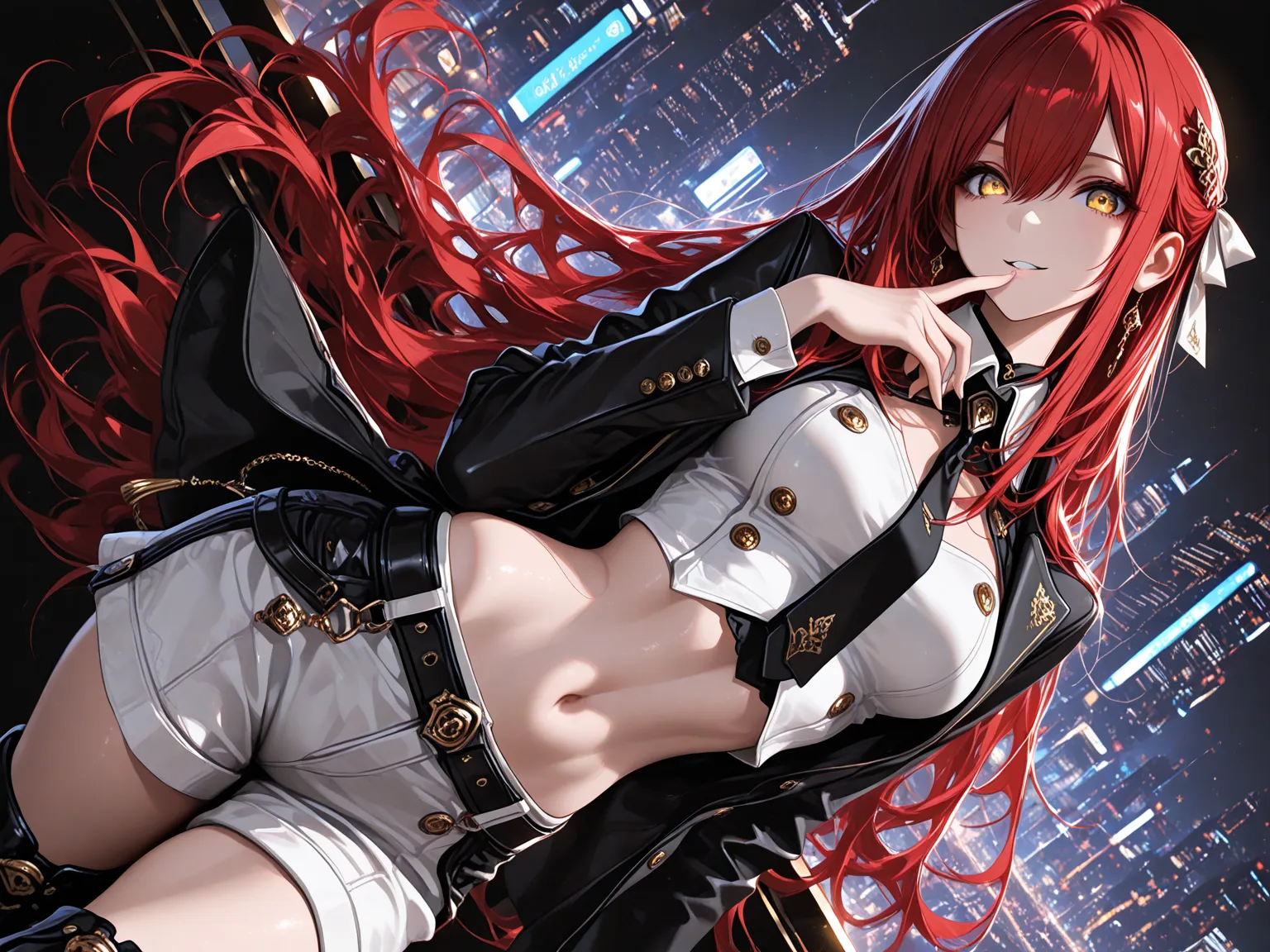  8k, HDR, extremely detailed face and eyes, beautiful face and eyes, perfect hands, good_hands, solo, 1girl, golden eyes, red hair, very long hair, straight hair, long sidelocks, hair between eyes, medium breasts, petite, very cute, beautiful, cool, handsome, hair ornaments, ribbon, hair ribbon, cargo shorts, white crop blouse with collar, tie, suit jacket, platform boots, stomach, navel, solo, cowboy shot, artistic error, looking at viewer, smile, parted lips, finger to mouth, sideways, city background, low angel shot, focus boots, masterpiece, best quality, amazing quality, cinematic angle, cinematic shadows,