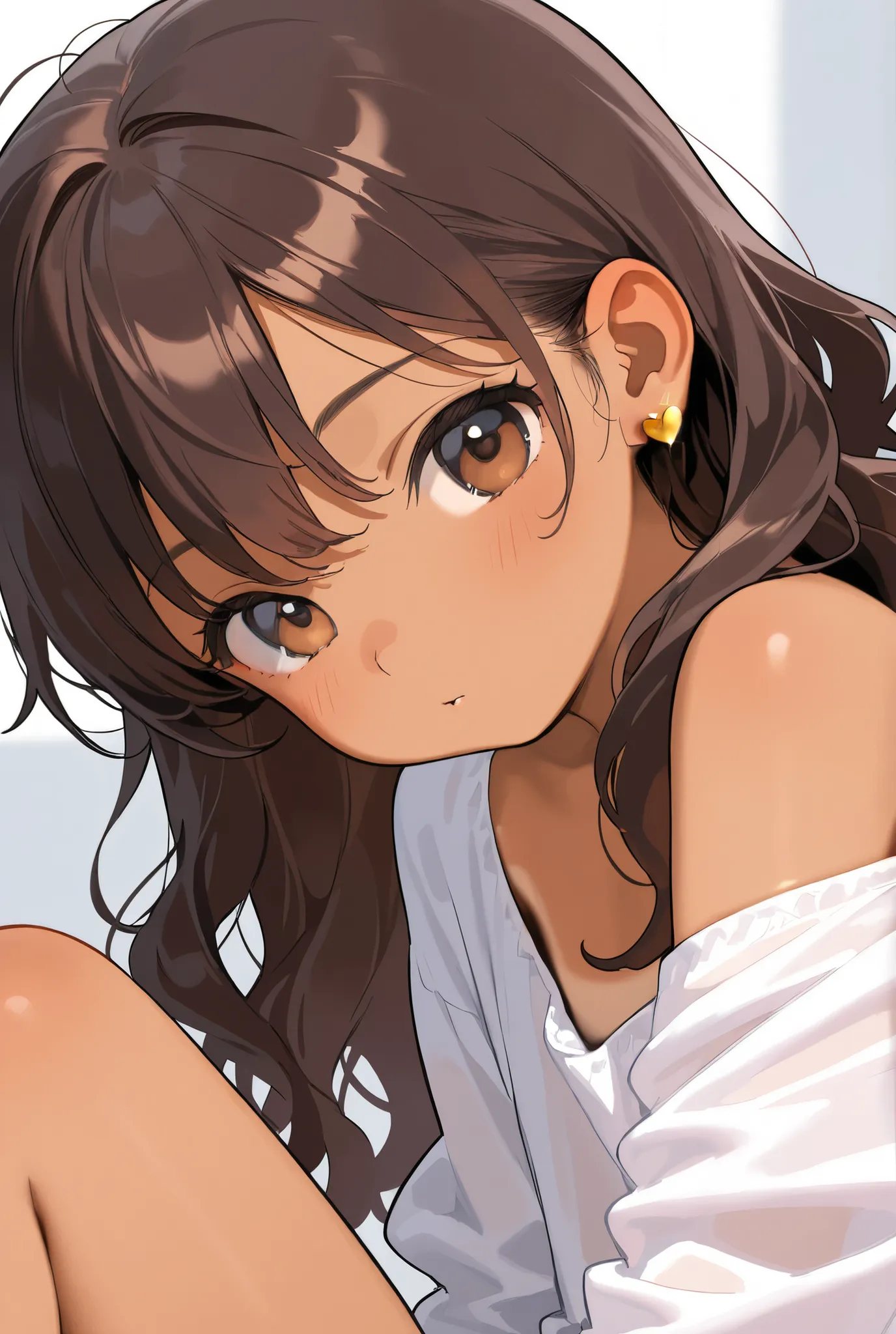 Young Girl, very beautiful, brown hair, long hair loose and wavy hair, tanned skin, brown eyes, heart-shaped gold earrings,