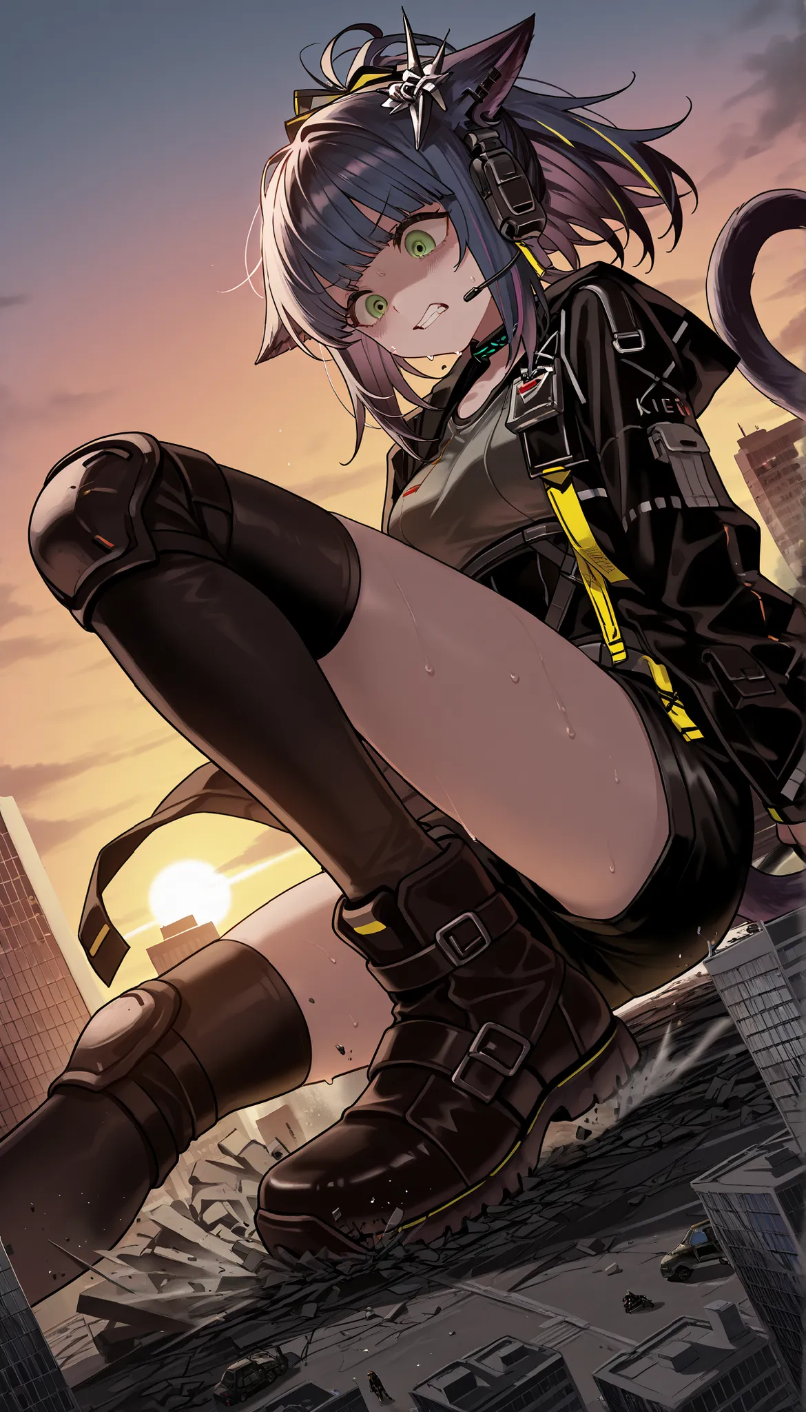 score_9, score_8, score_7, solo, solo girl, One woman, jessica_the_liberated_\(arknights\), face down, is opening my mouth, sweat, Panic, watery eyes, blue hair, green eyes, ponytail, multicolored hair, streaked hair, headset, high ponytail, short shorts, ...