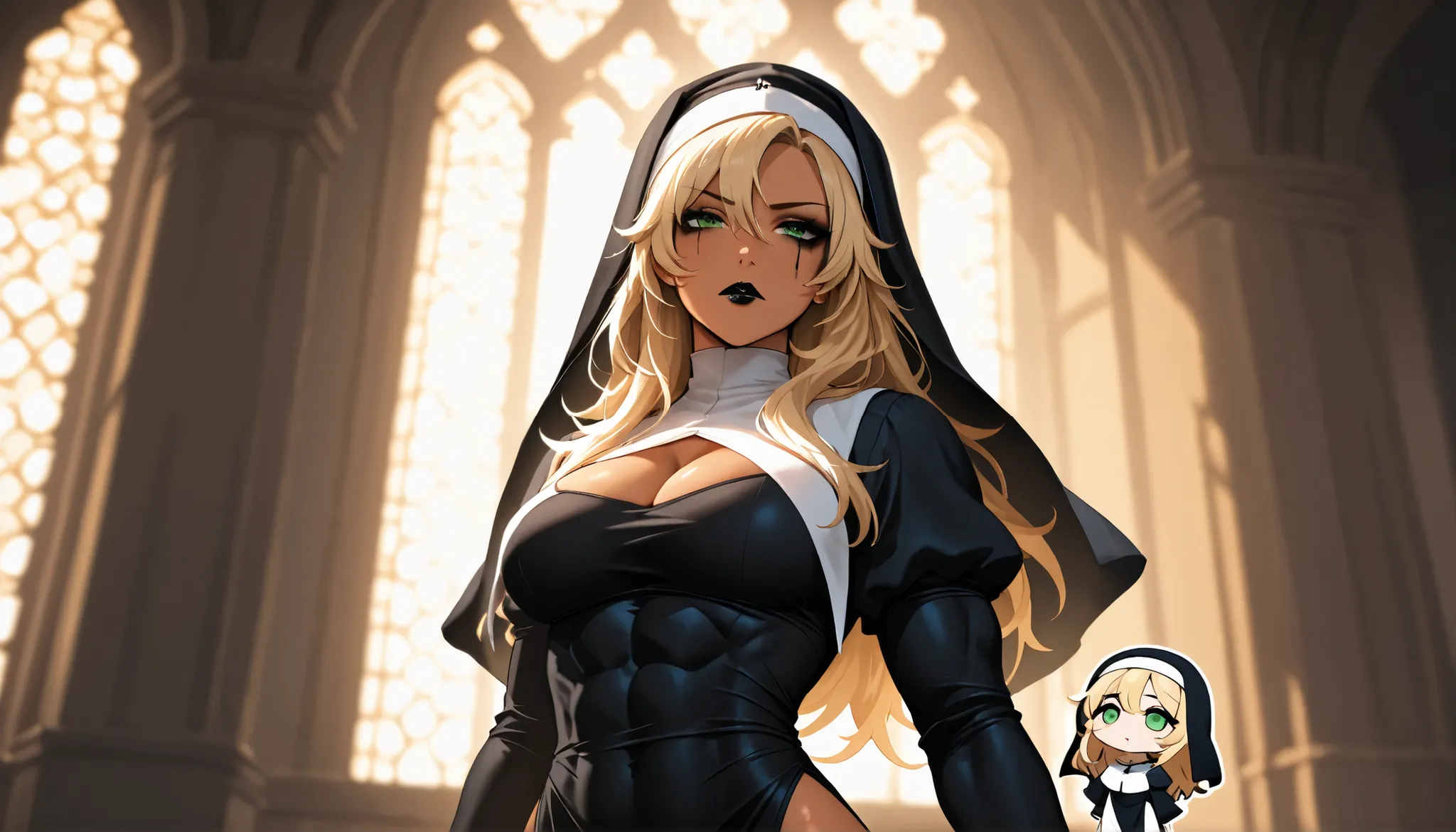 cinematic lighting , raw , high quality , 4k resolution , absurdres , masterpiece , dynamic lighting , high contrast , morimee_style , detailed face ,
1girl , solo , mature , nun ,(tan, muscular, , petite, , , toddlers, chibi, sd character:1.1), ( green ey...
