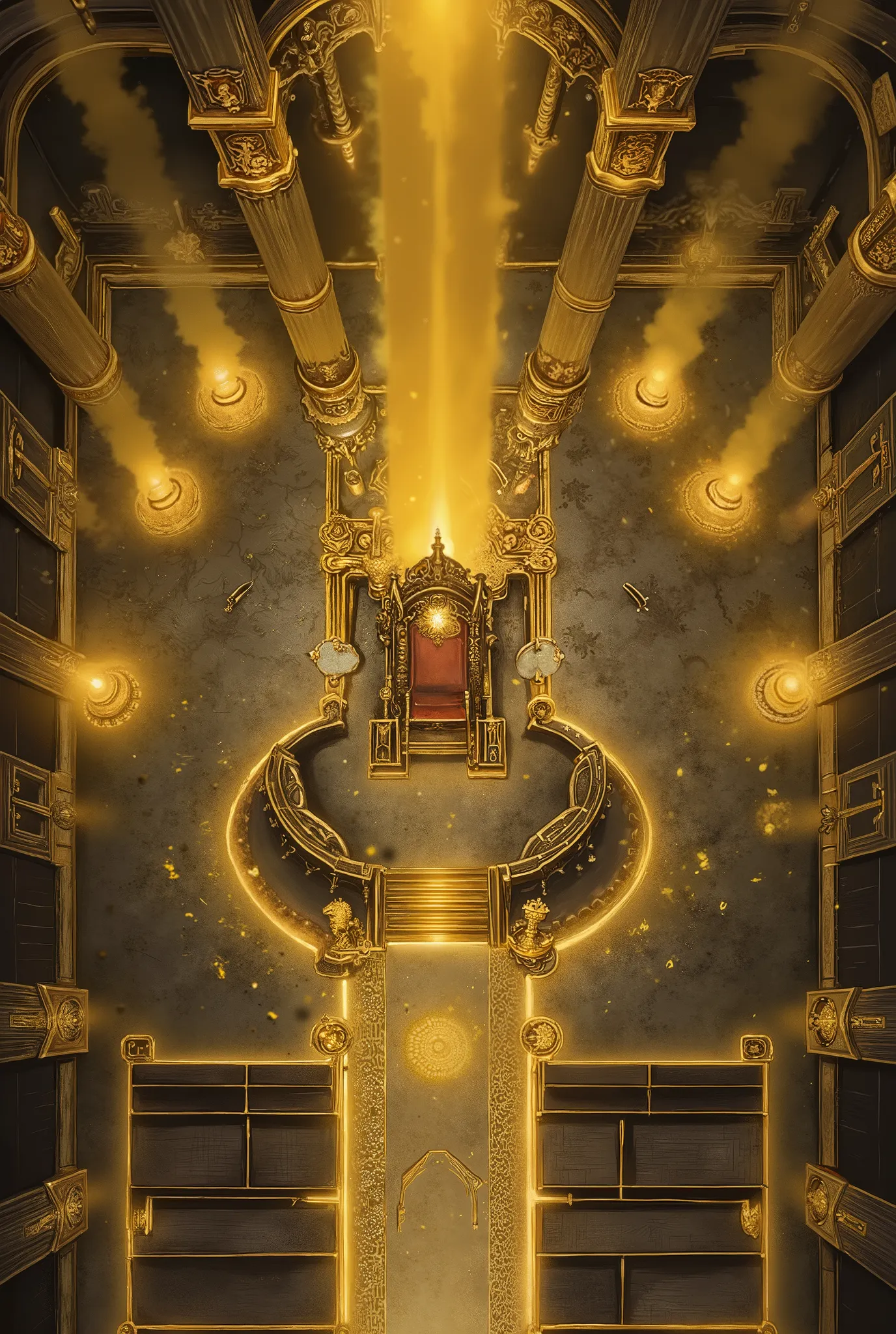 Top-down view of an Emperors throne room, a long hallway, bright light, golden, full of light, blindingly radiant, WH40k, Warhammer,