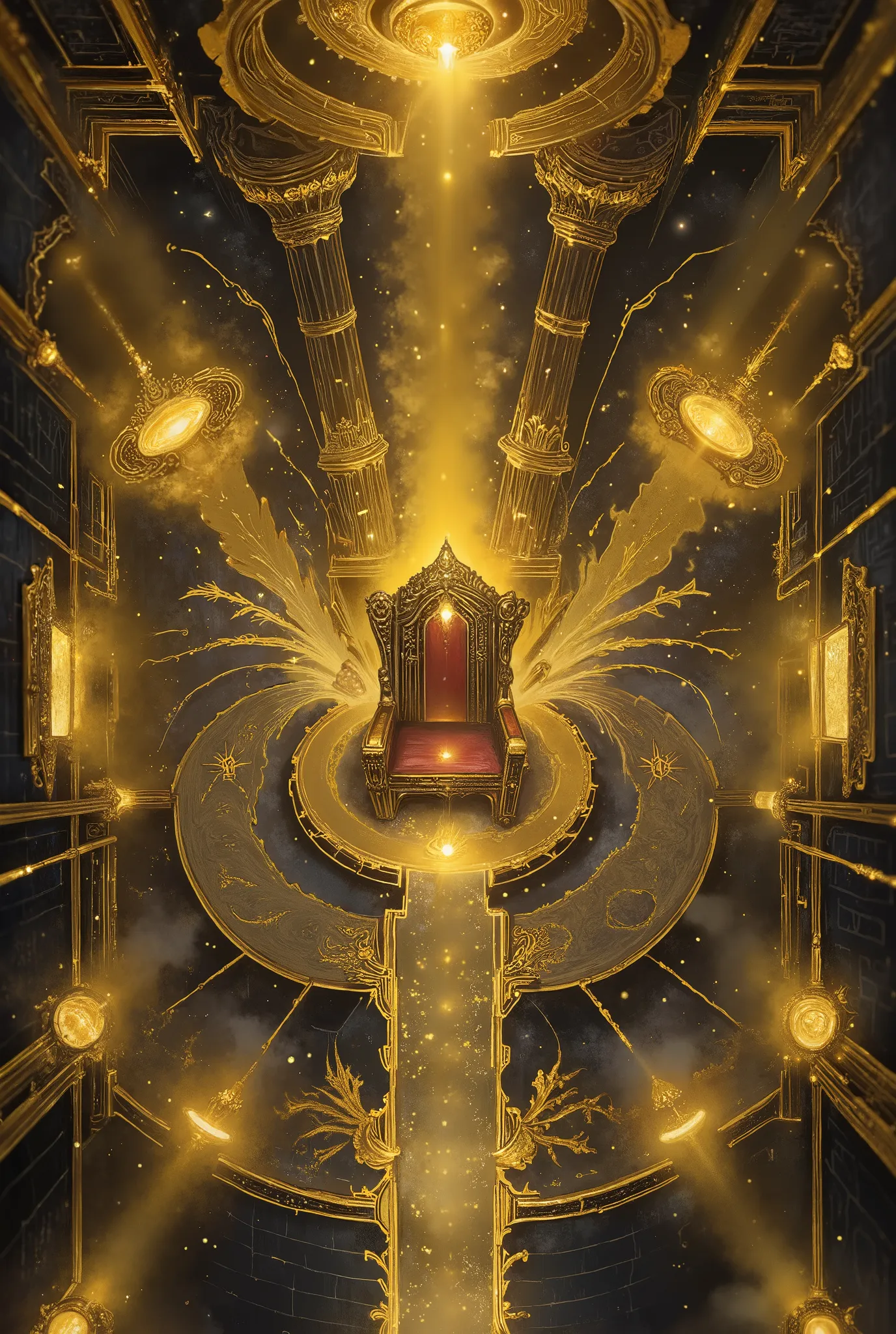 Top-down view of an Emperors throne room, WH40k, Warhammer, bright light, golden, full of light, blindingly radiant,  