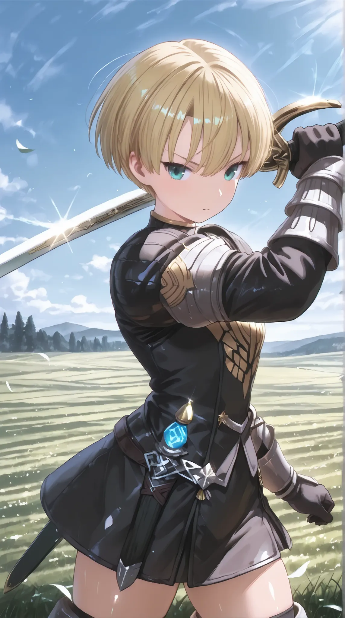 ãã “ã¼ ã, Ramza , climax,cosplay,hold up a sword,Battle gestures,field,Legendary Sword,cowboy shot,forward