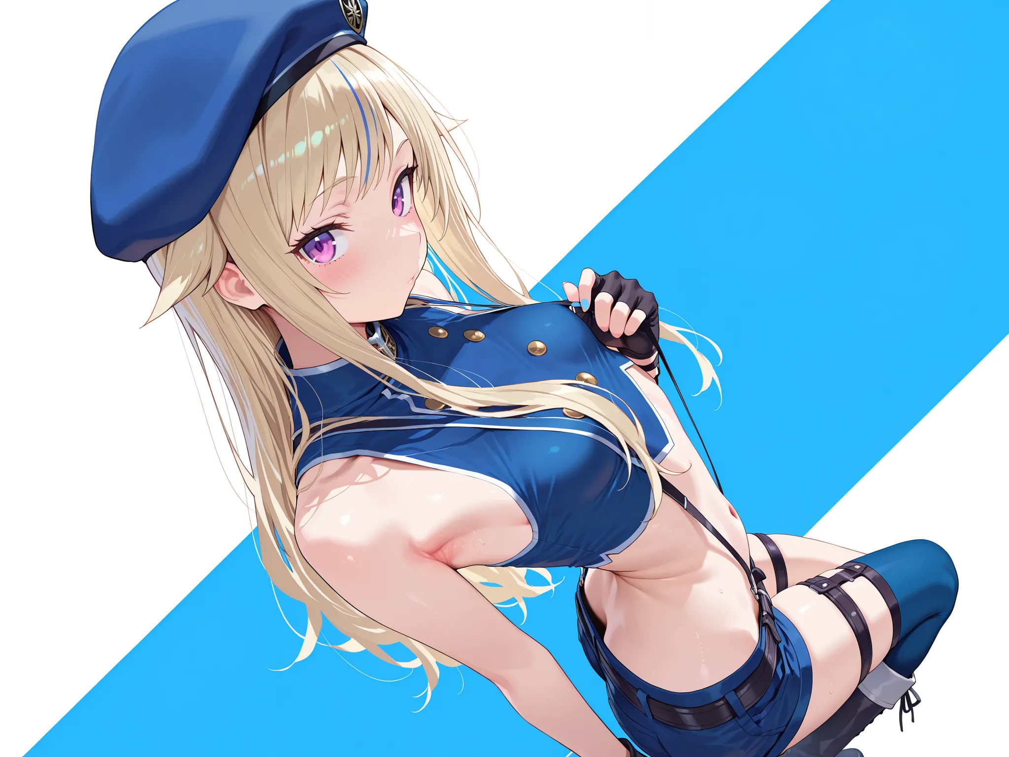solo,masterpiece,best quality, amazing quality, highres, absurdres, very aesthetic, high resolution, ultra detailed, perfect details,suzuki hina, blonde hair, long hair, streaked hair, hair flaps, purple eyes, skinny, small breasts, hat, beret, blue thighh...