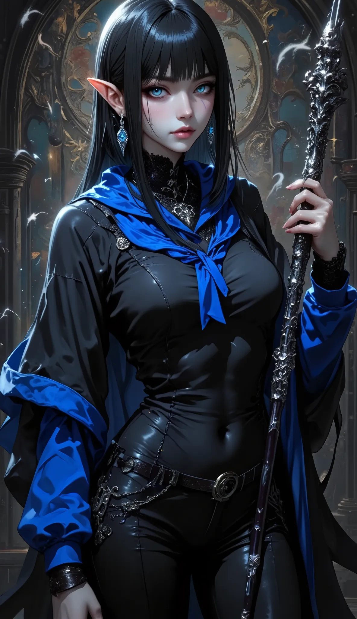 modelshoot style, (extremely detailed CG unity 8k wallpaper, realistic depiction fantasy artwork ), full body photograph of the most beautiful artwork in the world, captivating woman, Elf female wizard, alluring, gorgeous, powerful, confident , conservativ...