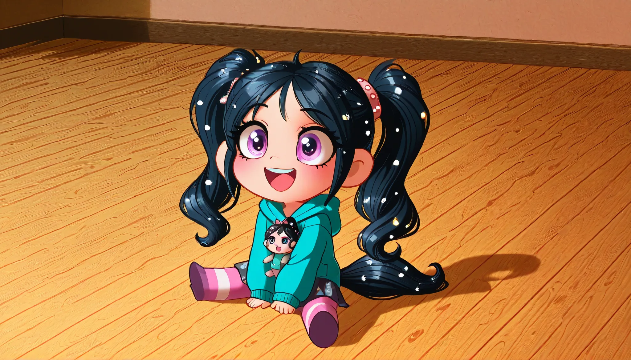 cartoon girl sitting on the ground with a stuffed animal, vanellope von schweetz, cartoonish cute, cute cartoon, cute cartoon character, chibi, cartoon artstyle, her hair is in a pony tail, cute character, she has two ponytails, 😃😀😄☺🙃😉😗, by Kanbun Master, ...