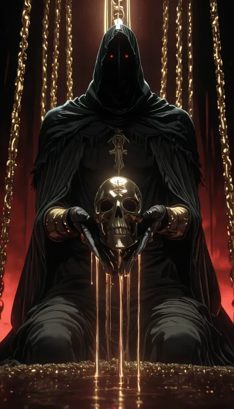 An image of an enigmatic young man with a techno-occultist aesthetic. His face is hidden behind a gold metallic mask with complex ritual engravings, hanging chains and dripping details that evoke liquid gold. Under the mask , fragments of a silver syntheti...