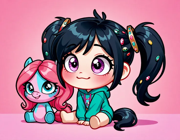 nsfw, cartoon girl sitting on the ground with a stuffed animal, vanellope von schweetz, cartoonish cute, cute cartoon, cute cartoon character, chibi, cartoon artstyle, her hair is in a pony tail, cute character, she has two ponytails, 😃😀😄☺🙃😉😗, by Kanbun Ma...