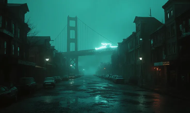 "A dystopian, rain-slicked San Francisco skyline at midnight, swallowed by thick, creeping fog. The twisted streets tilt unnaturally, with crooked Victorian houses leaning like rotten teeth. A single flickering neon sign ('San Francisco') reflects in oily ...