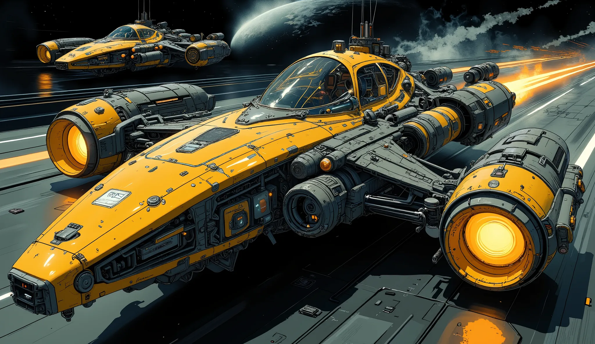 Masterpiece, the best quality, Pot racer ((flying)) From Stars Wars 1 of ((color black and yellow details)) two turbines on both sides, Open cockpit