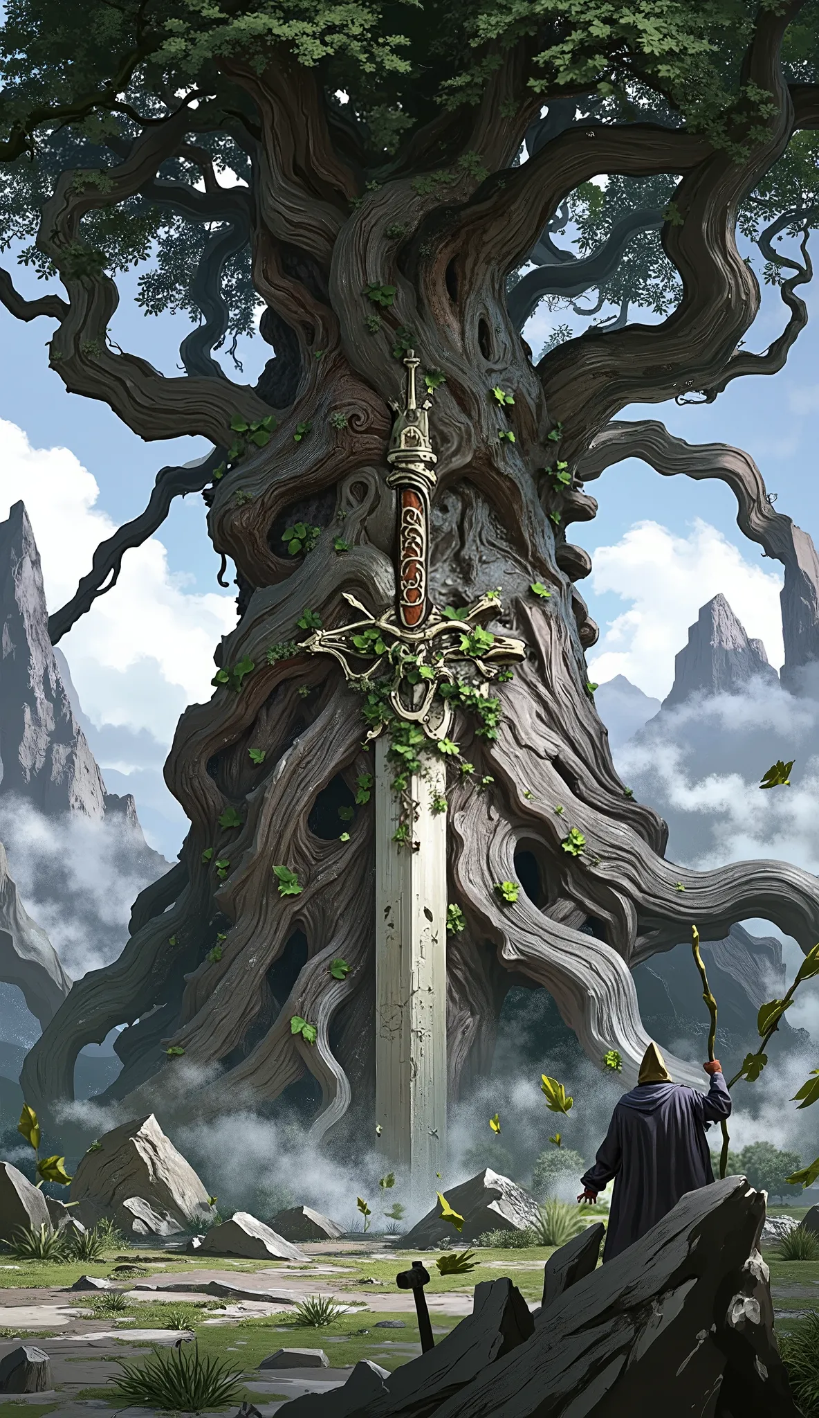 , stick the sword of the tree to the ground，, branches grow，Leaves are inlaid，the handle of the root system，What the tree looks like，The shape of an epic，spacious