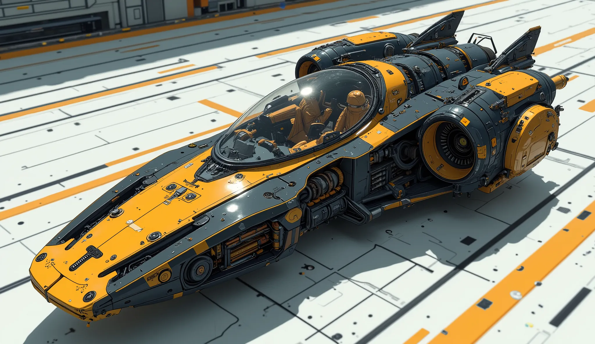 Masterpiece, the best quality, Pot racer ((flying)) From Stars Wars 1 of ((color black and yellow details)) two turbines on both sides, Open cockpit